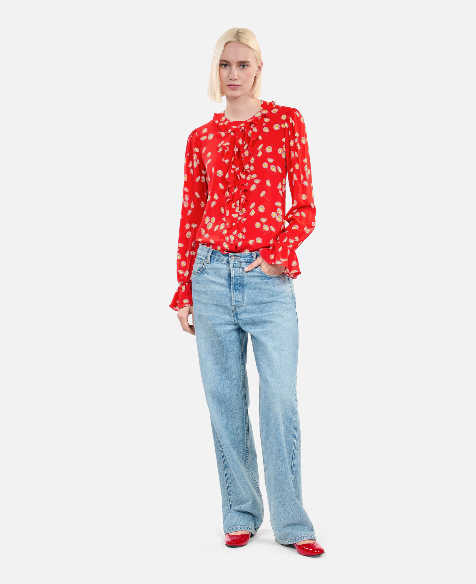 The Kooples WOMEN RED / WHITE floral printed shirt with ruffles
