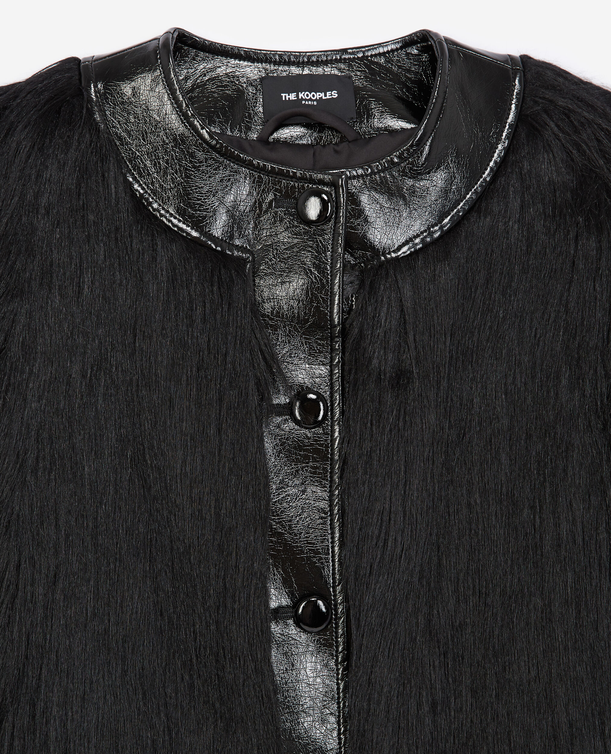 Black faux fur coat with patent detail, BLACK, hi-res image number null