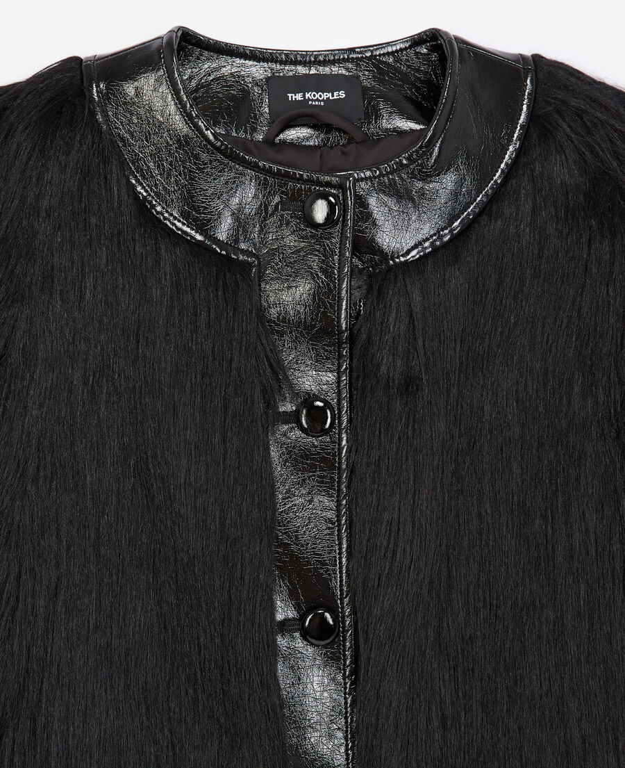 black faux fur coat with patent detail