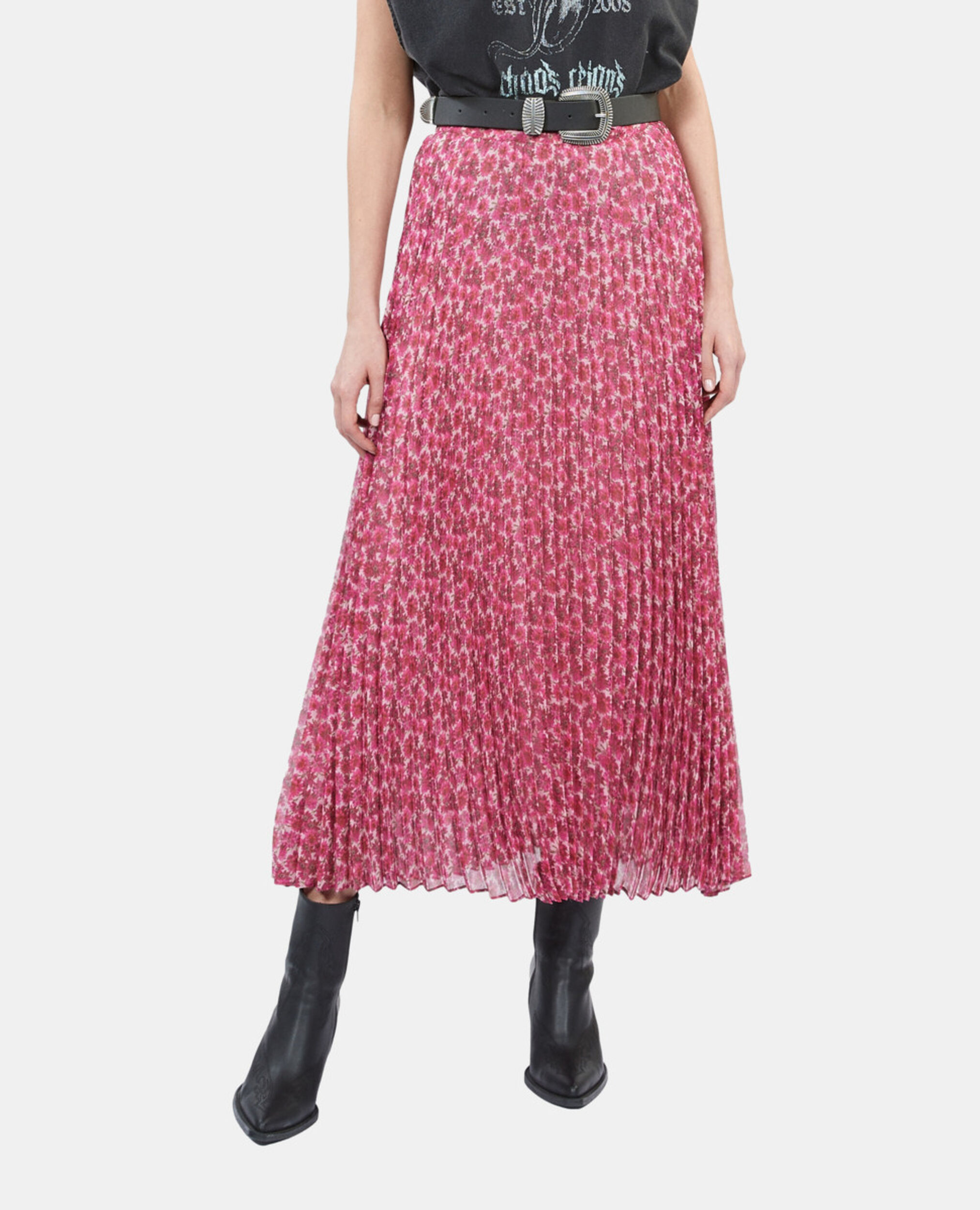 Printed pleated long skirt, PINK, hi-res image number null