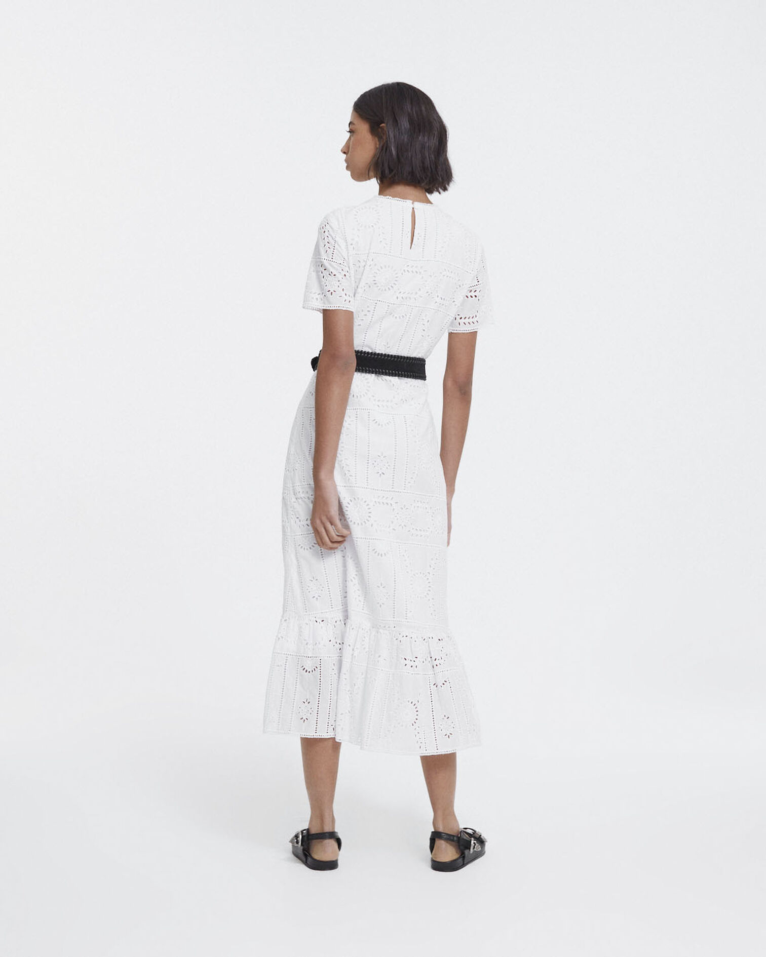 Robe longue brodée coton blanche col rond, WHITE, hi-res image number null