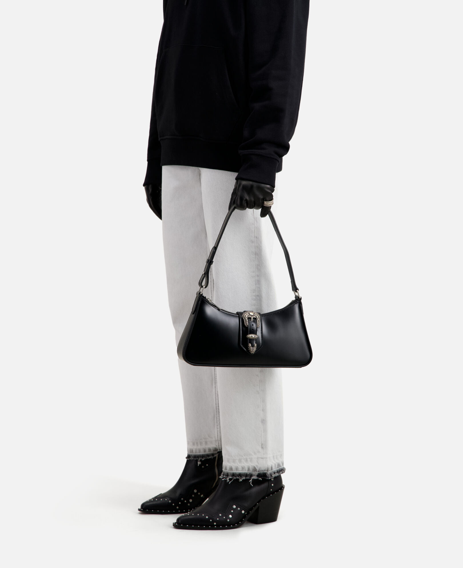 The Kooples WOMEN BLACK black glazed leather joe bag with western buckle