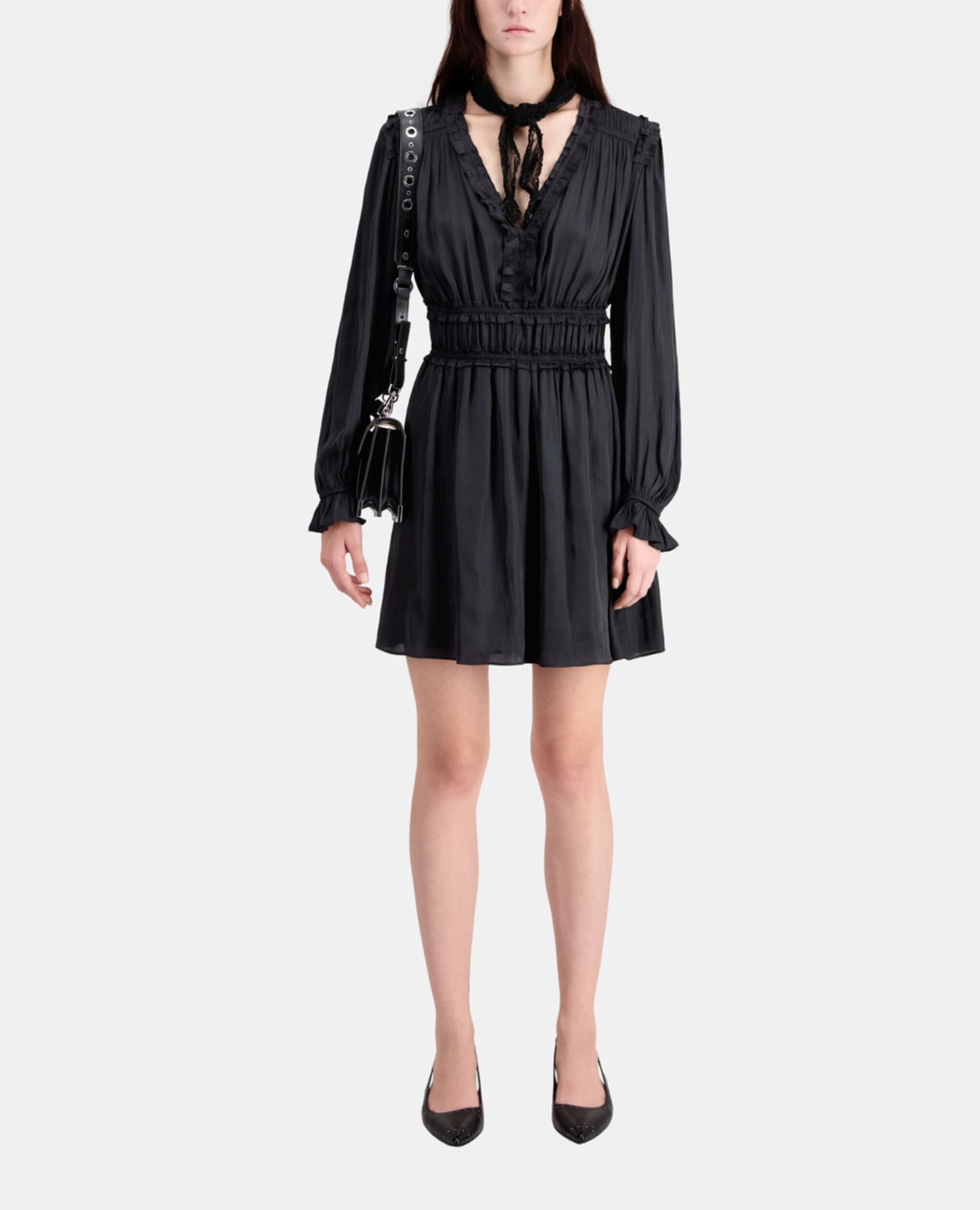 Schwarzes kurzes Kleid mit Raffungen, BLACK, hi-res image number null