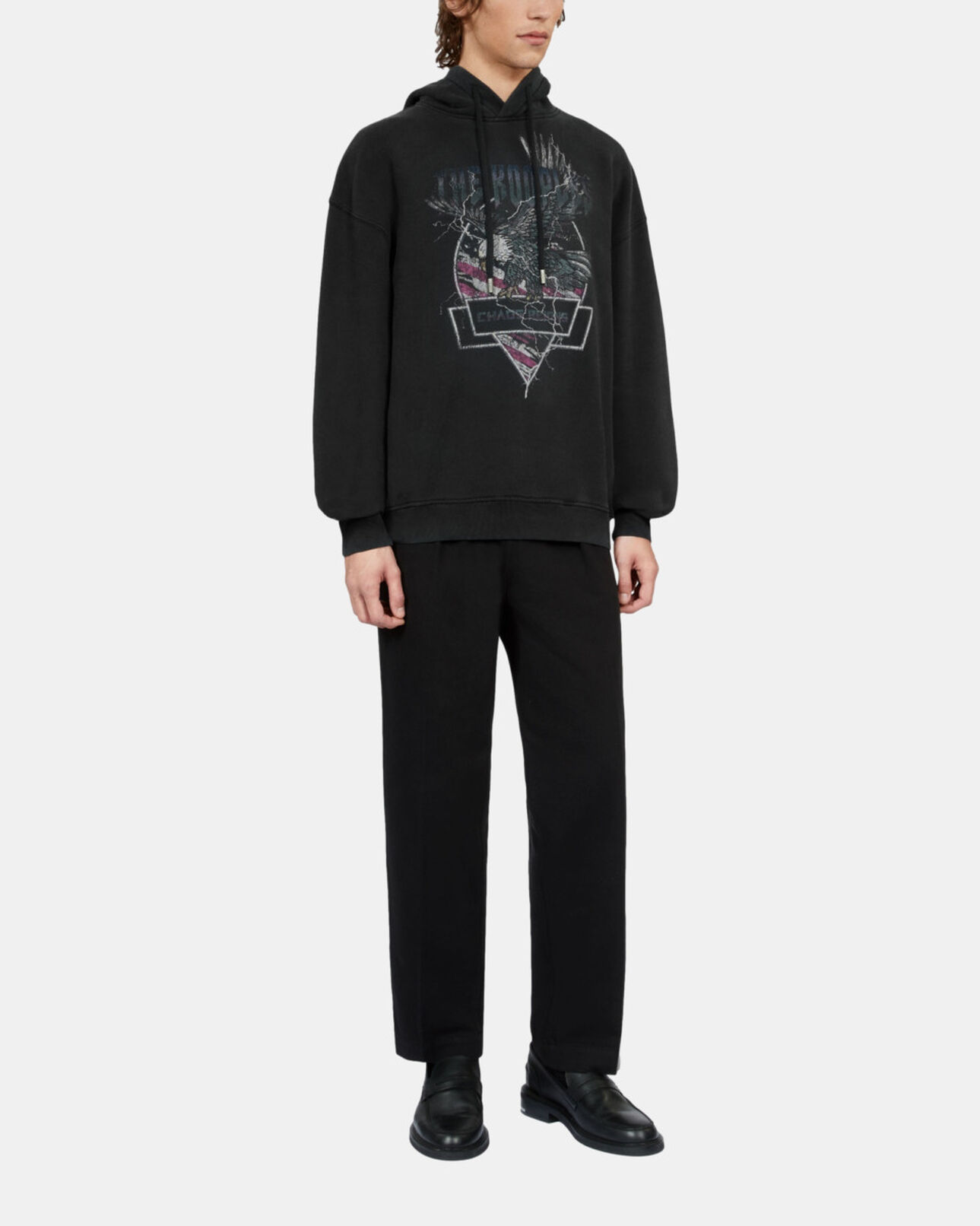 The Kooples MEN BLACK WASHED black hoodie with chaos eagle serigraphy