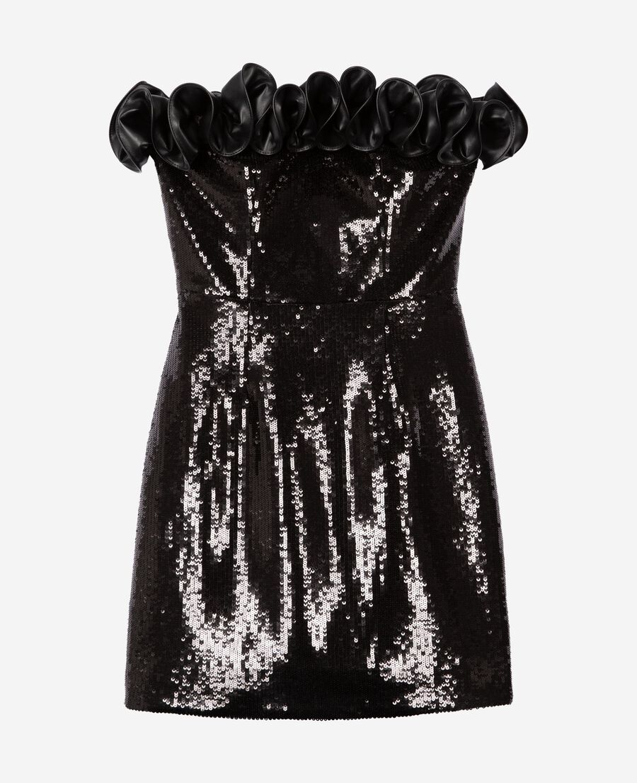 The Kooples FEMME BLACK robe bustier courte sequins avec détail effet cuir noire
