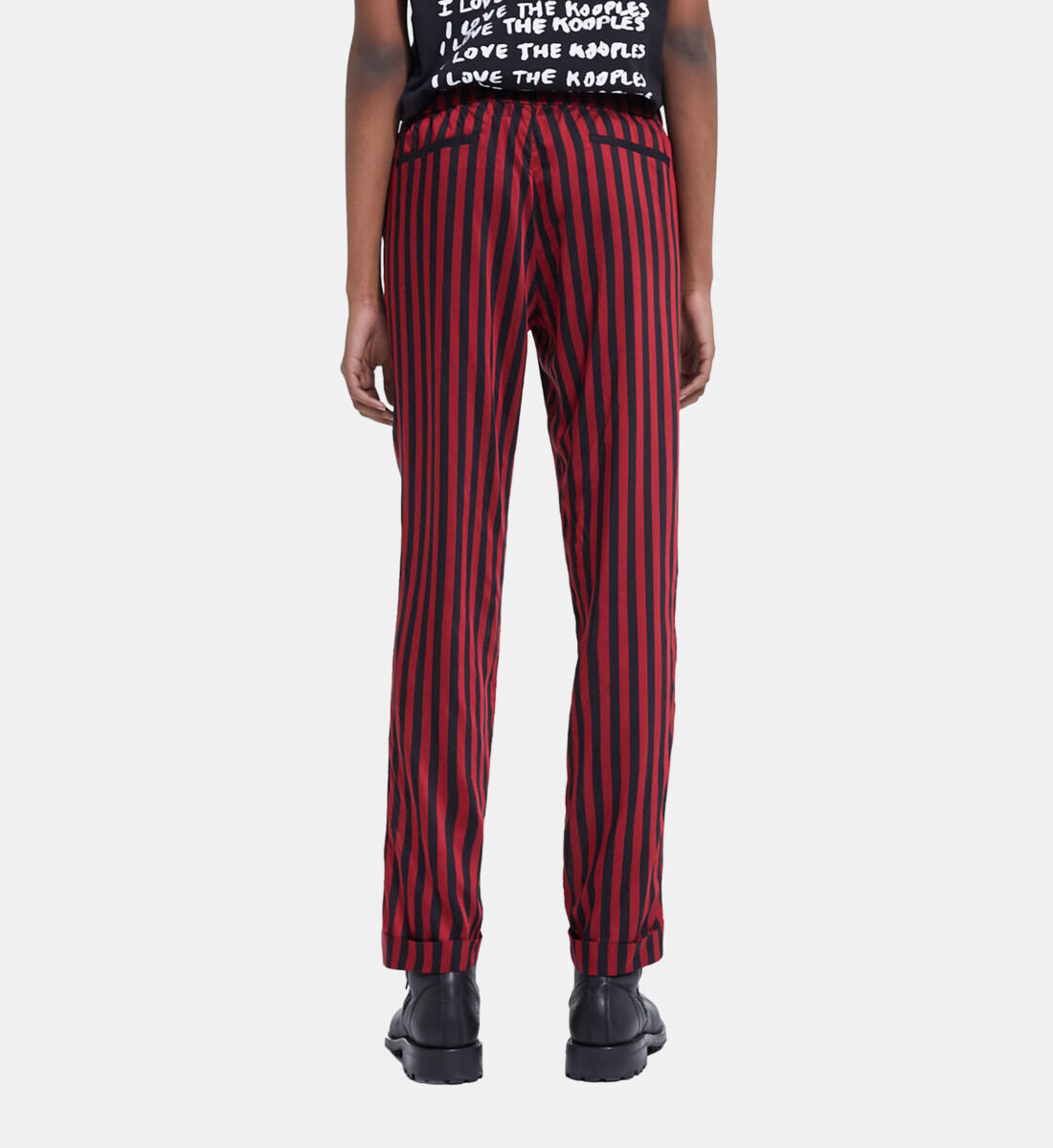 Red and black vertical striped pants discount
