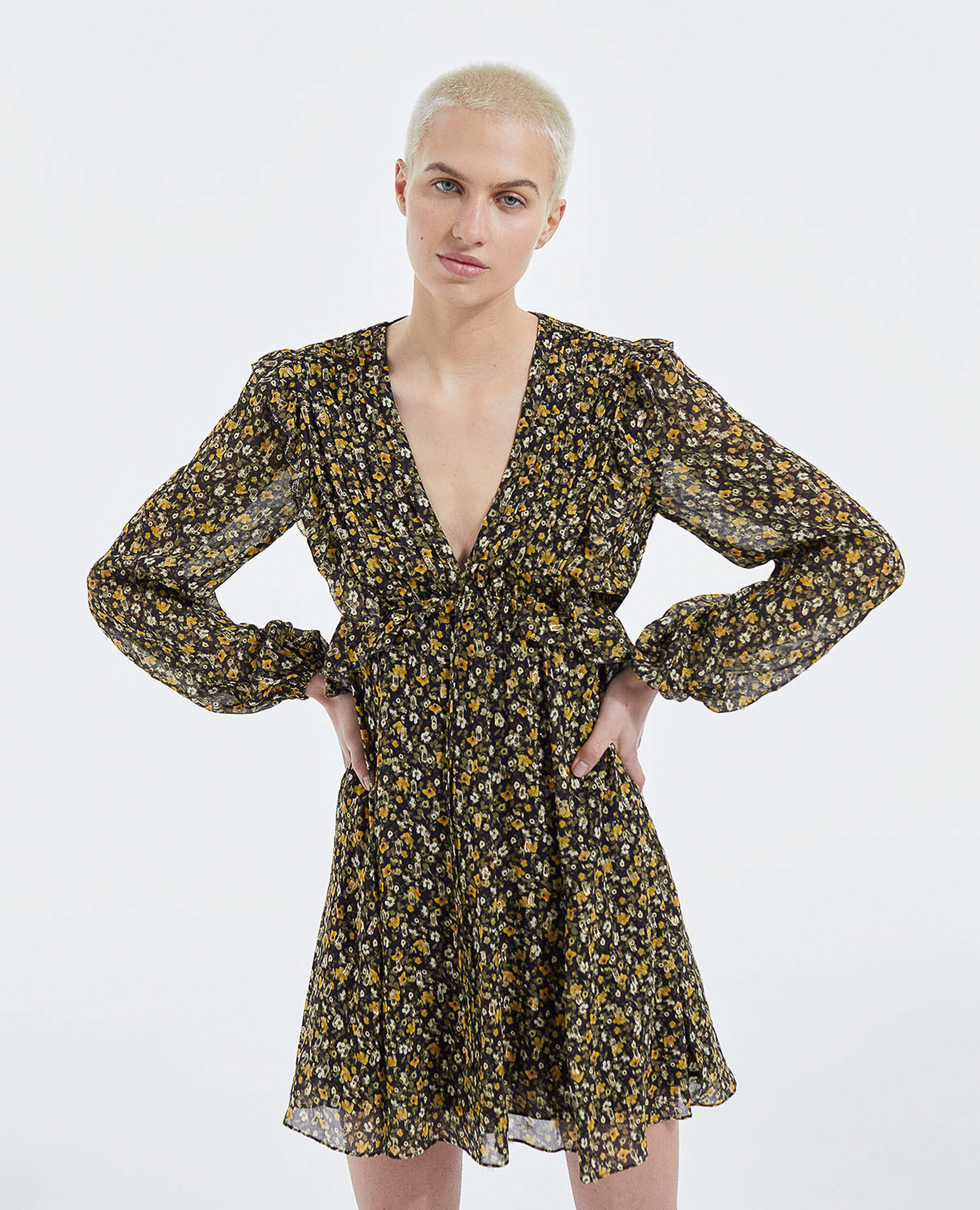 Short frill dress in black and yellow lurex, BLACK-ORANGE, hi-res image number null