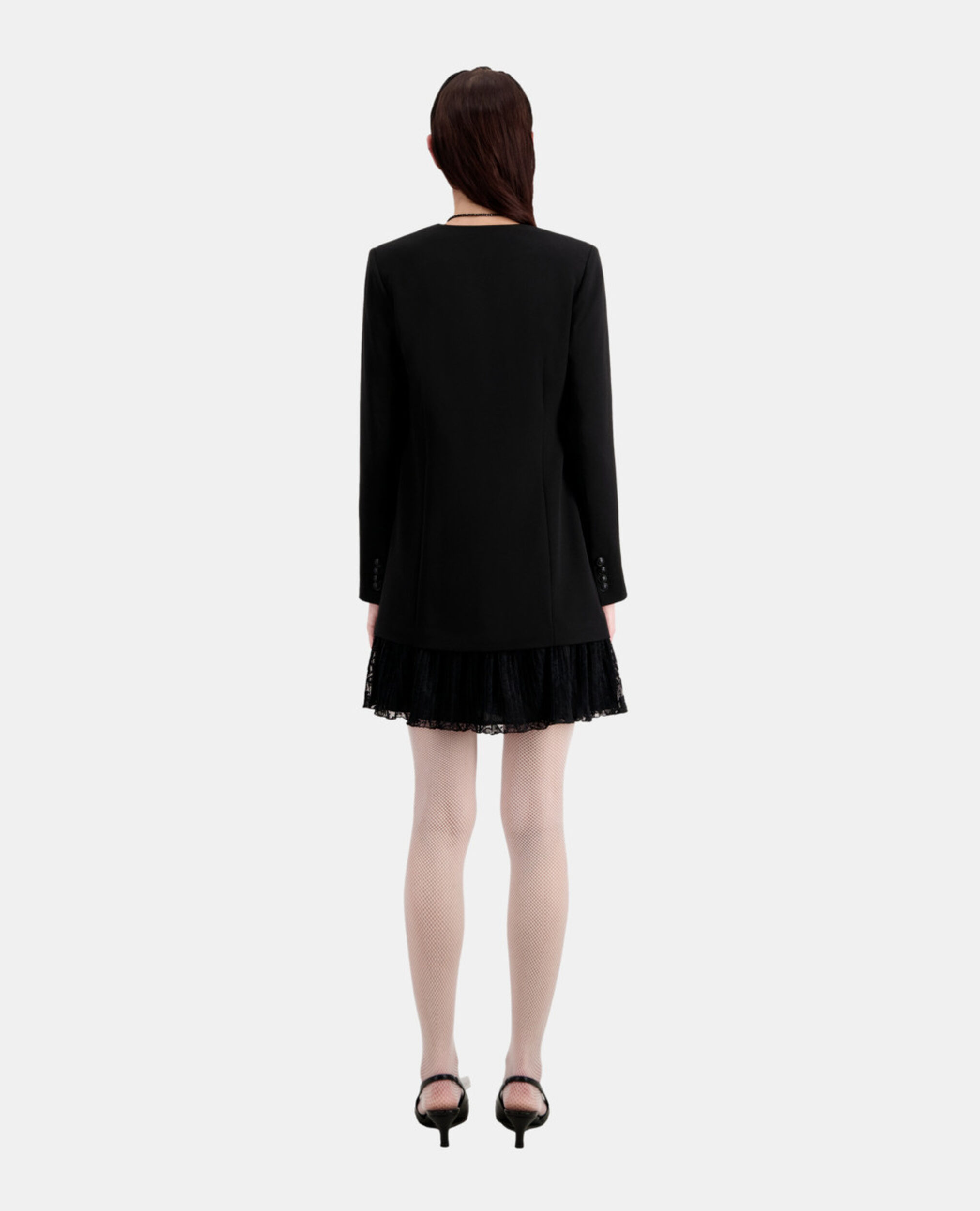 Robe courte noire effet tailleur en crêpe et dentelle, BLACK, hi-res image number null