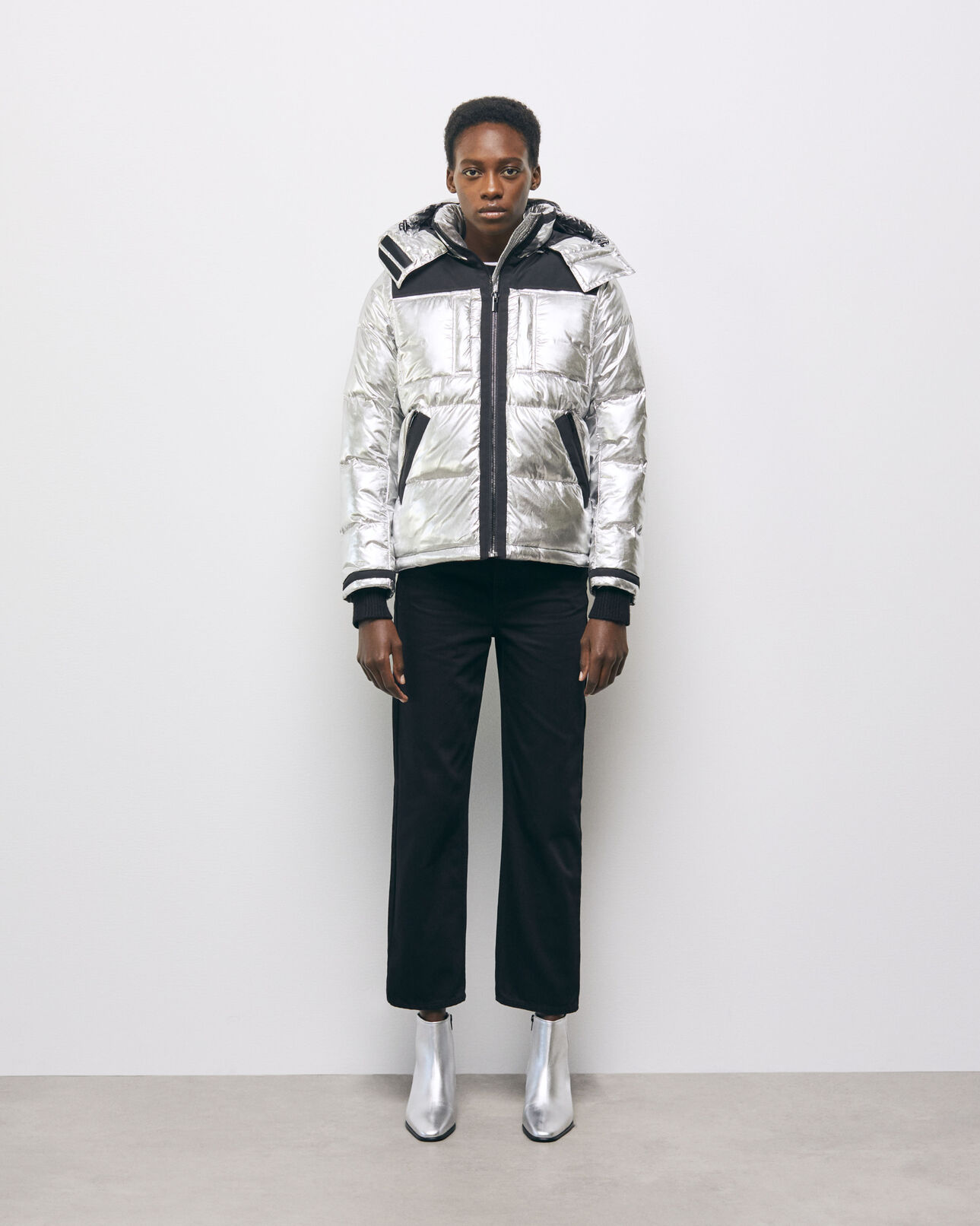 The Kooples WOMEN SILVER silver down jacket with straps and logo