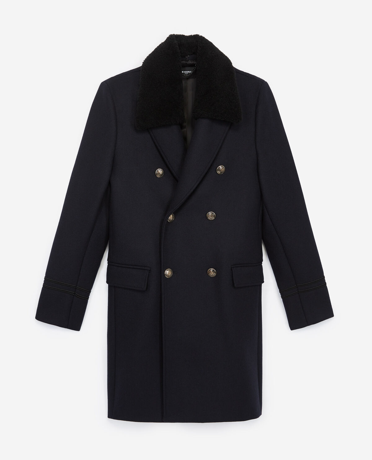 Navy blue wool coat with gold buttons