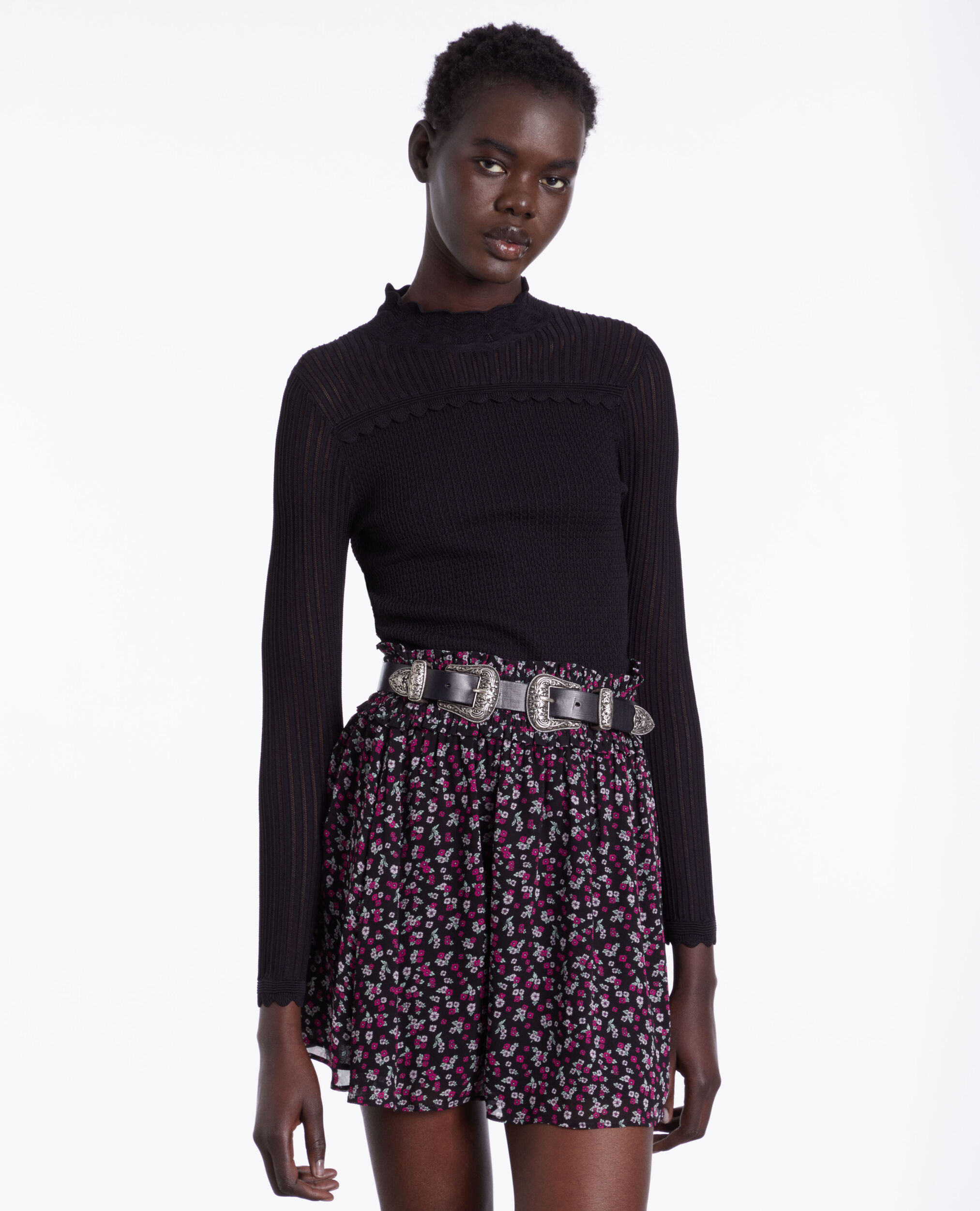 Short printed skirt with smocking, BLACK / PINK, hi-res image number null