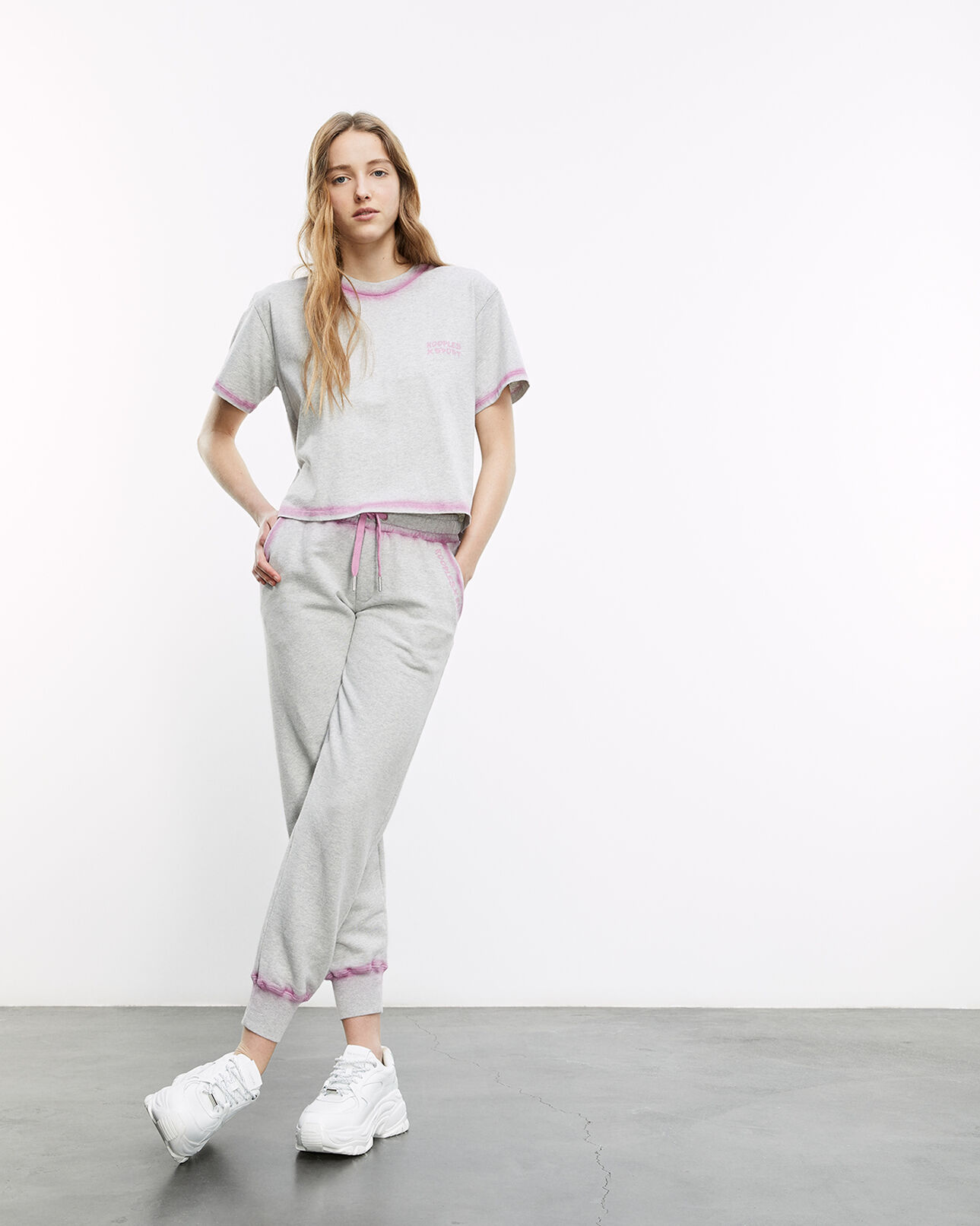 The Kooples WOMEN LIGHT GREY MELANGE light grey joggers with pink details