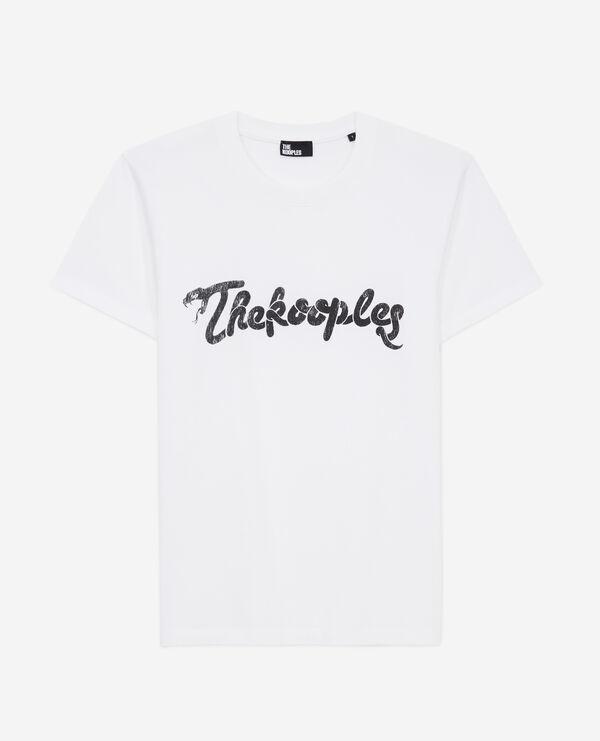 weißes t-shirt mit schlangenlogo-siebdruck