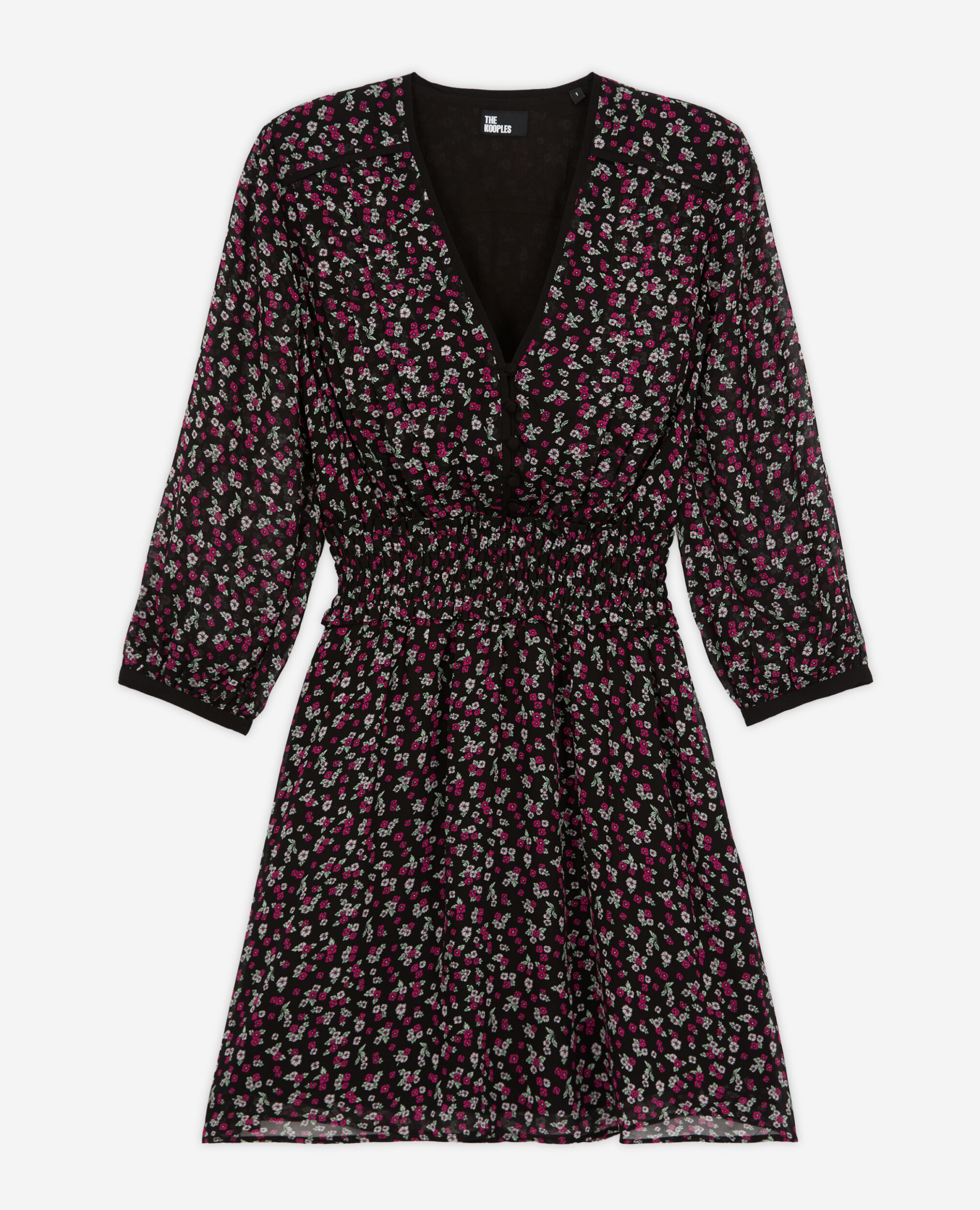 Short printed dress with smocking, BLACK / PINK, hi-res image number null