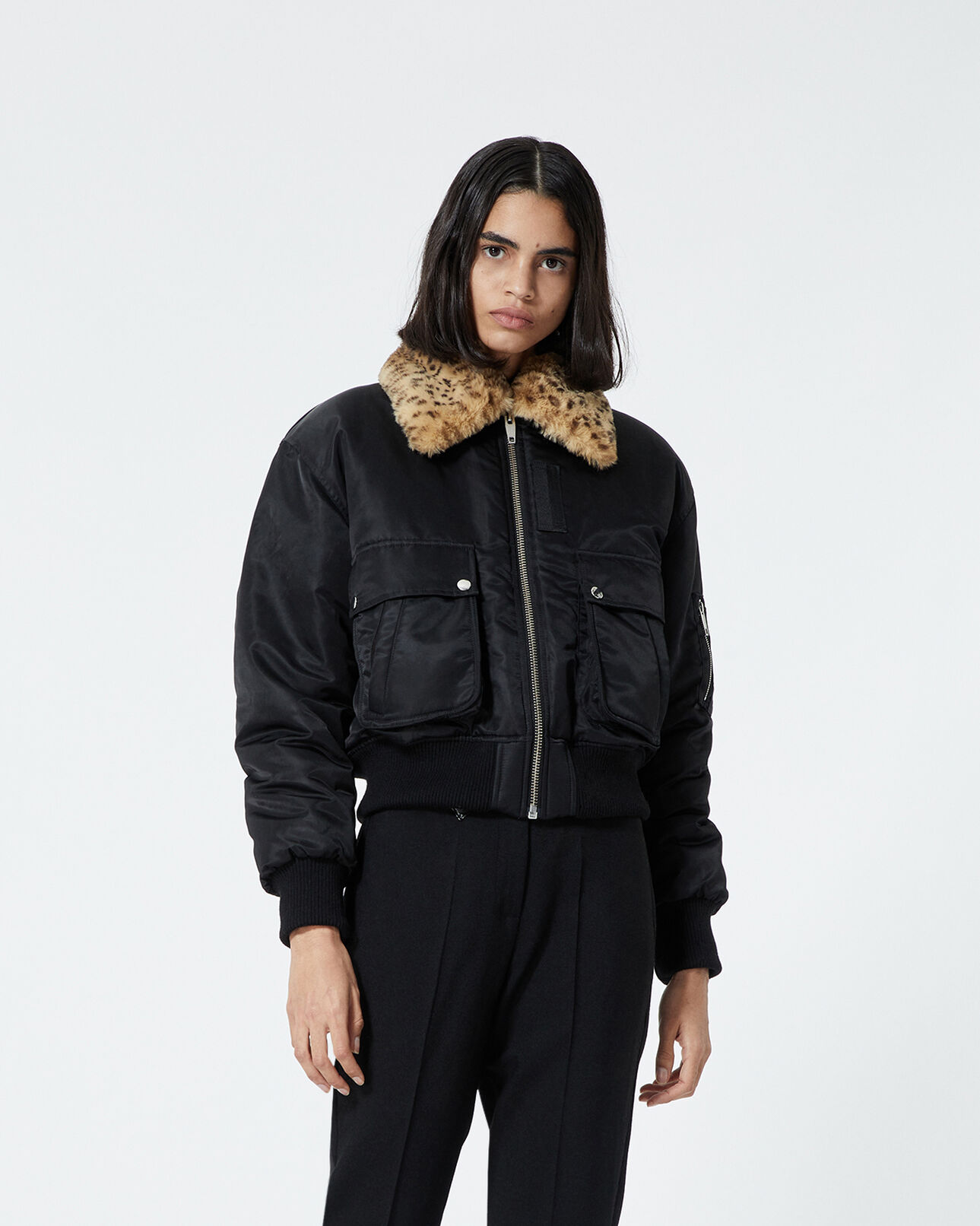 The Kooples FEMME BLACK blouson tissu technique noir col fourré
