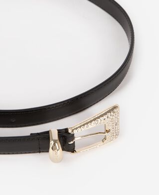 The Kooples WOMEN BLACK black leather western buckle belt in gold with rhinestones