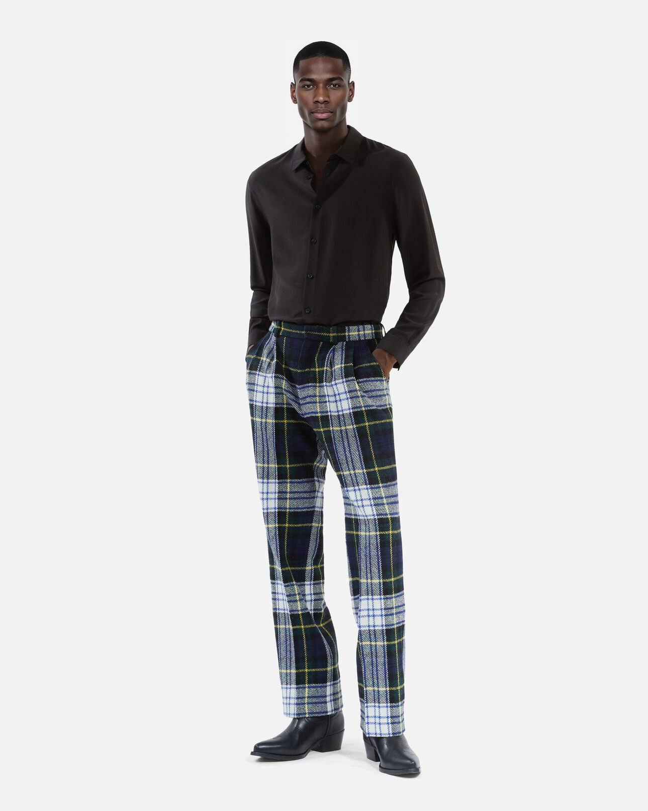 The Kooples MEN GREEN-WHITE green and navy blue check wide-leg wool pants the kooples x harris tweed