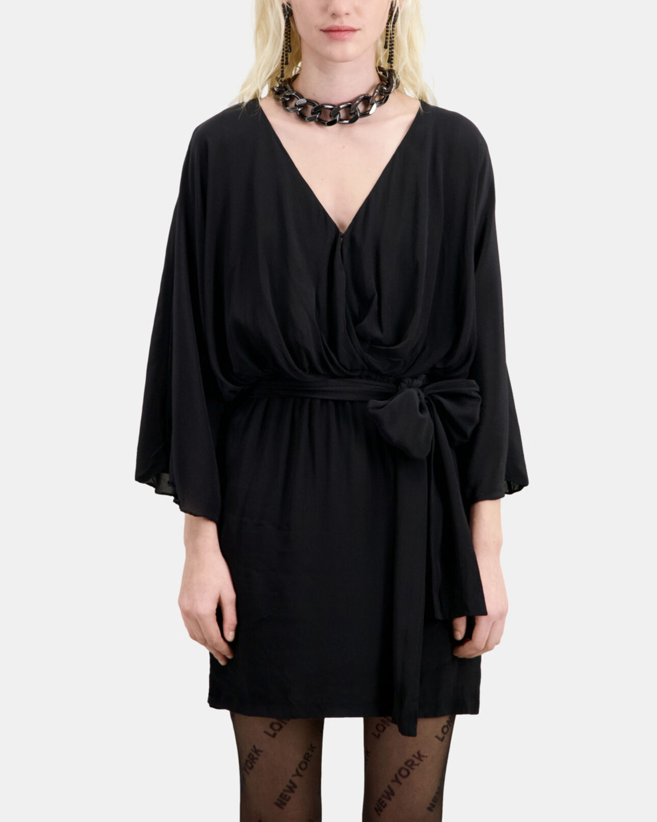 The Kooples WOMEN BLACK short belted kimono dress in silk viscose