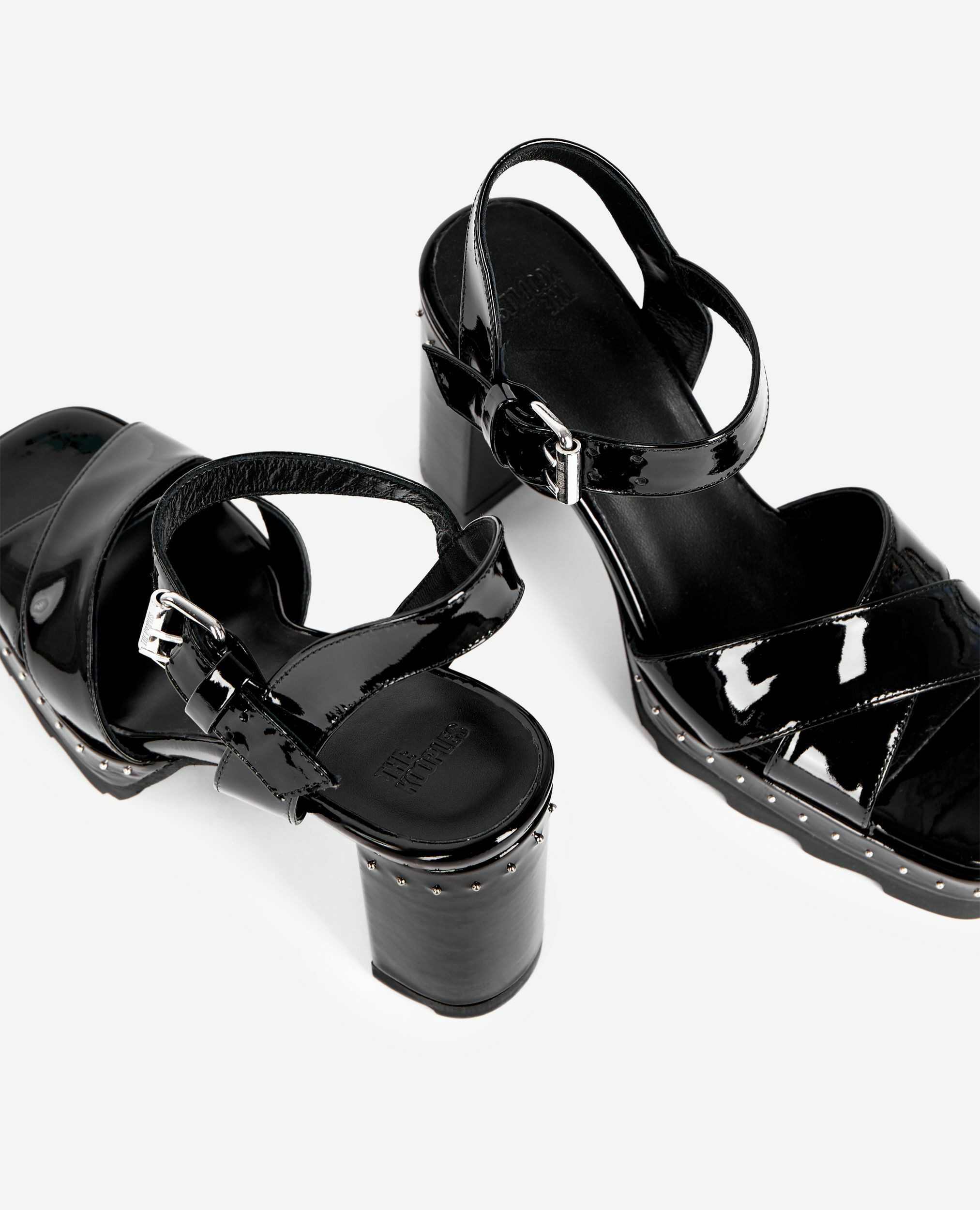 Black patent leather heeled sandals, BLACK, hi-res image number null