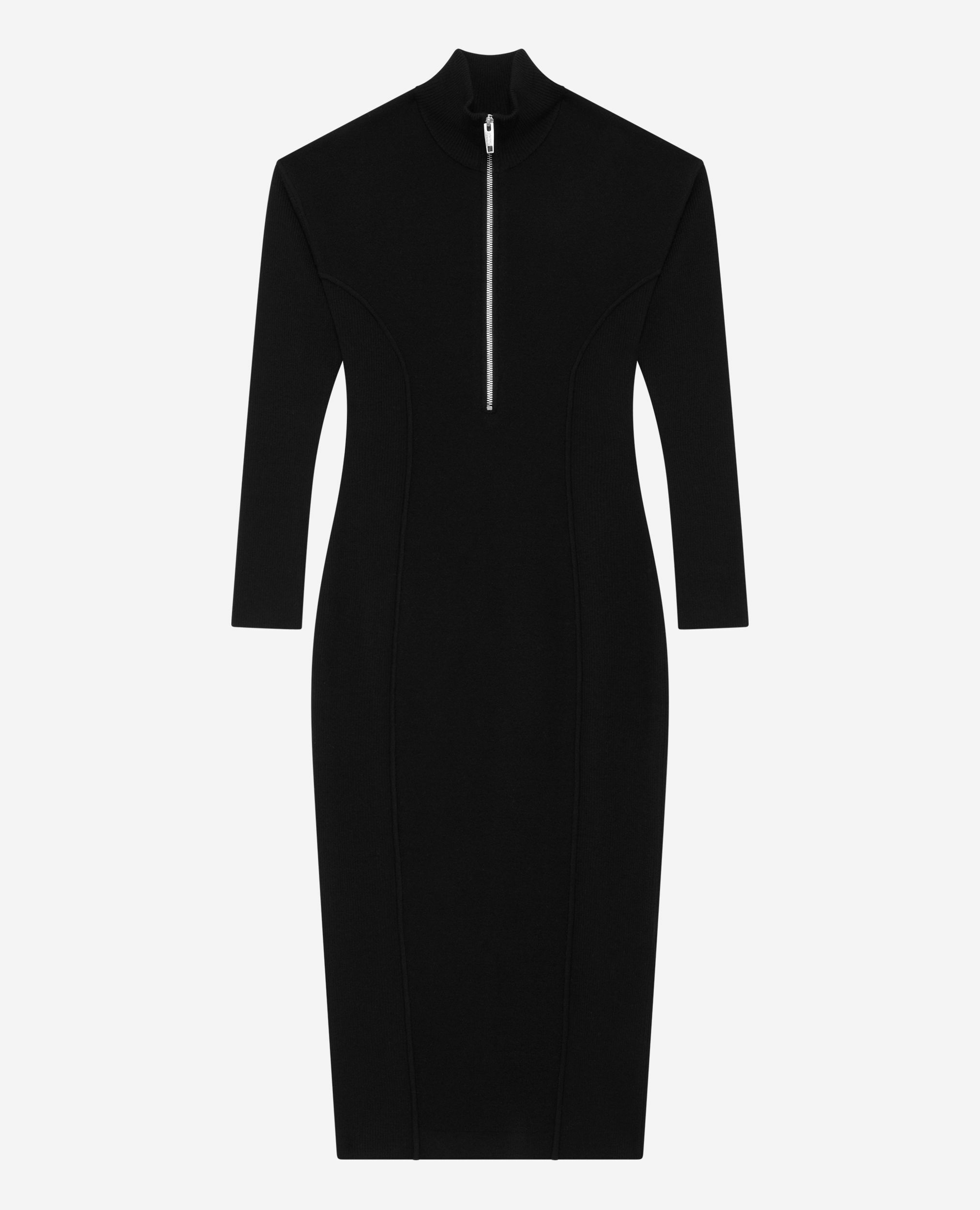 Long black wool-blend dress with zipped collar, BLACK, hi-res image number null