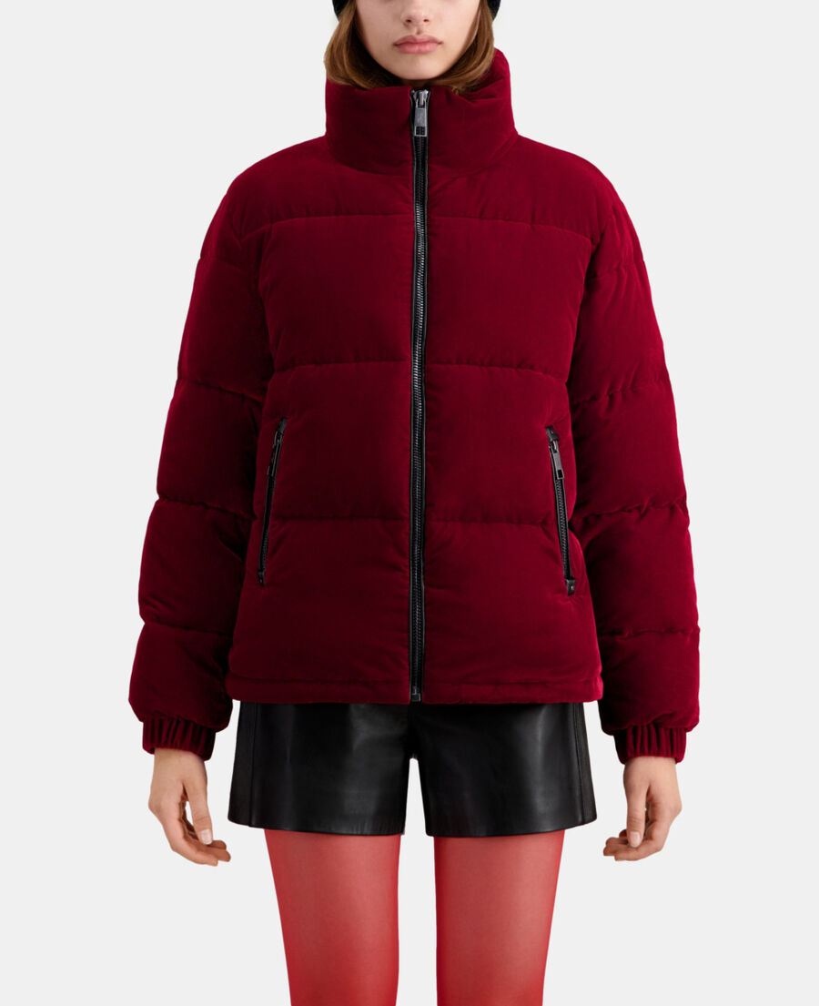 burgundy velvet puffer jacket