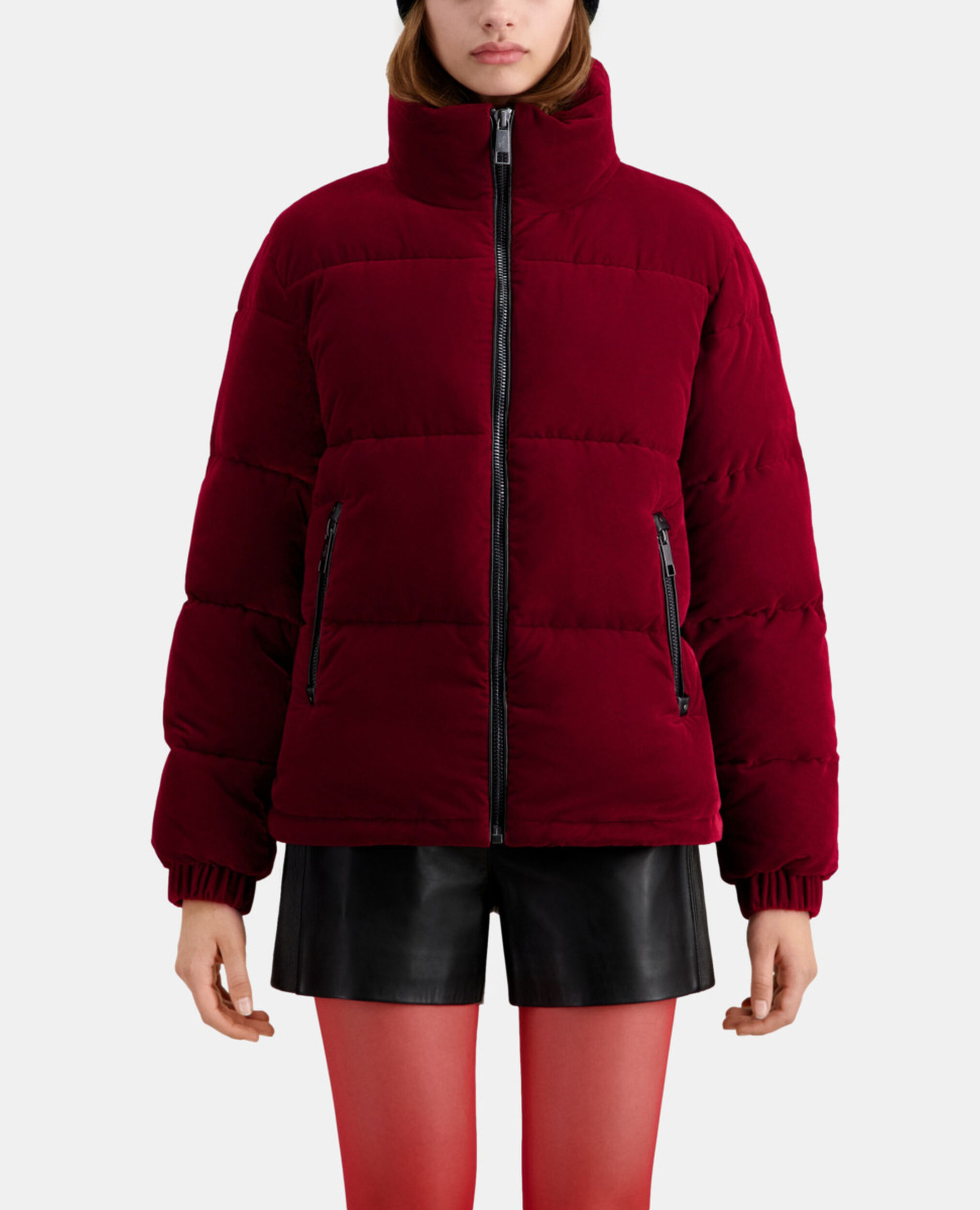 Burgundy velvet puffer jacket, DARK BURGUNDY, hi-res image number null