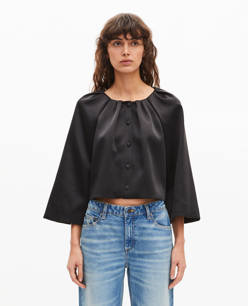 The Kooples WOMEN BLACK short cape-effect jacket in black satin