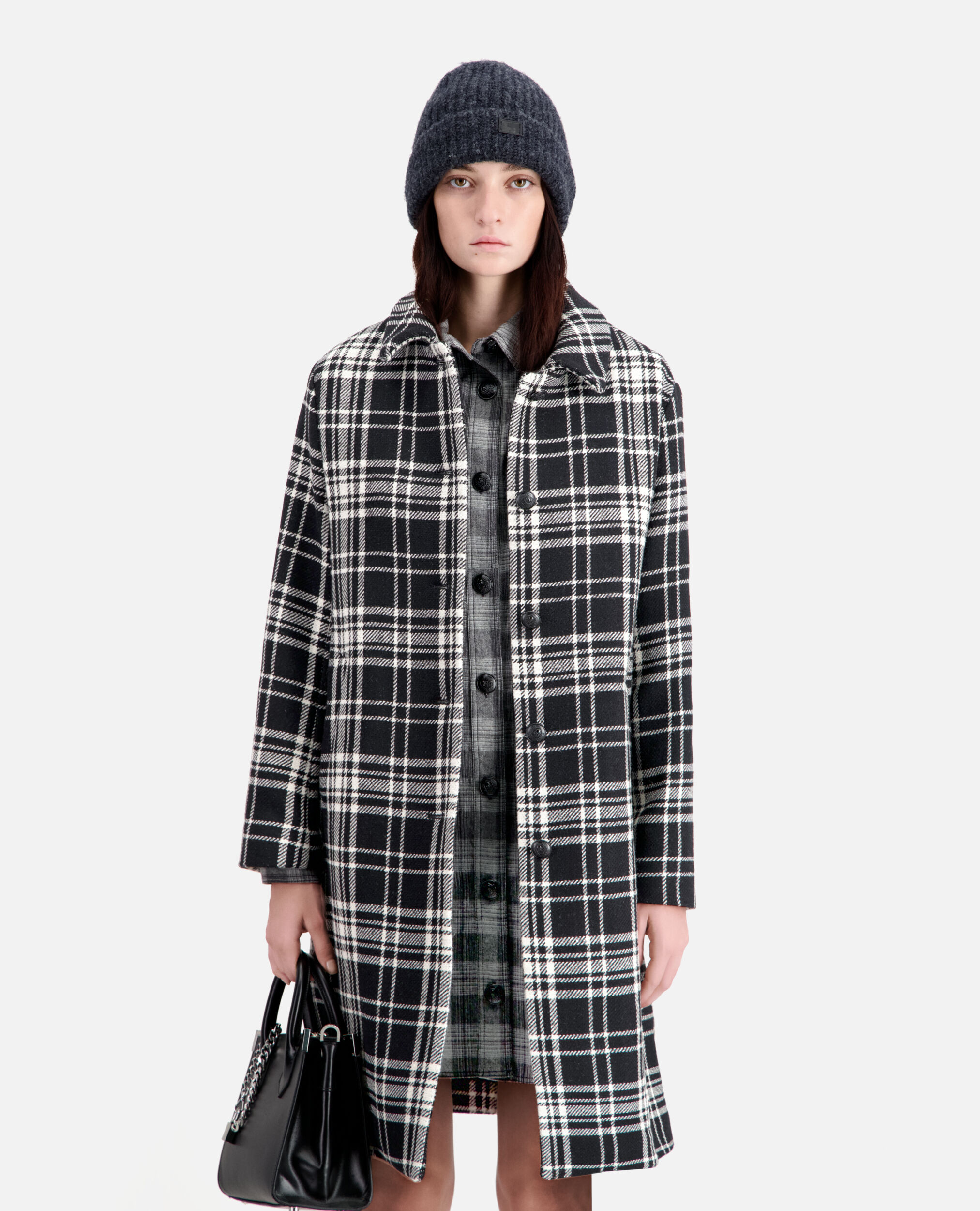 Long checkered coat in wool blend, BLACK WHITE, hi-res image number null