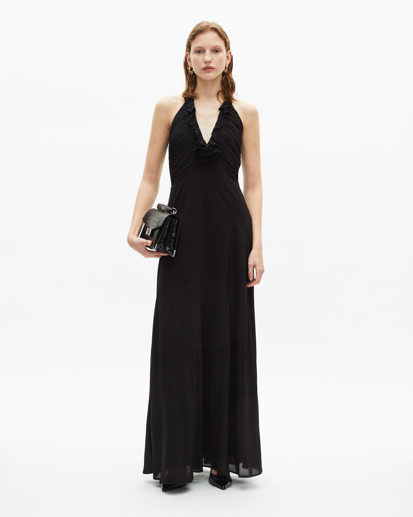 The Kooples FEMME BLACK robe longue décolleté détail fleur noire