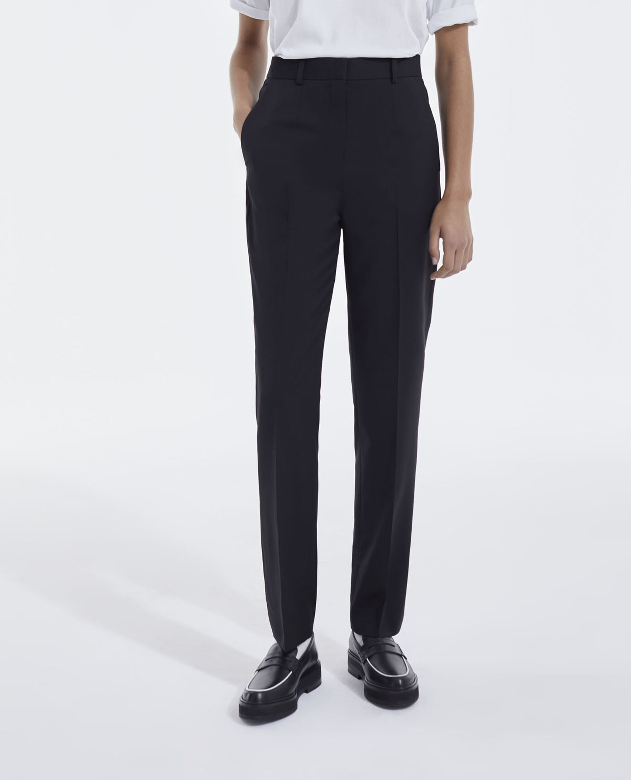 Black wool suit pants with leather details, BLACK, hi-res image number null