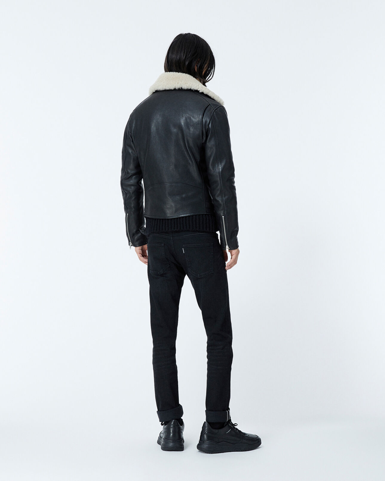 The Kooples MEN BLACK-ECRU black leather jacket w/white sheepskin collar