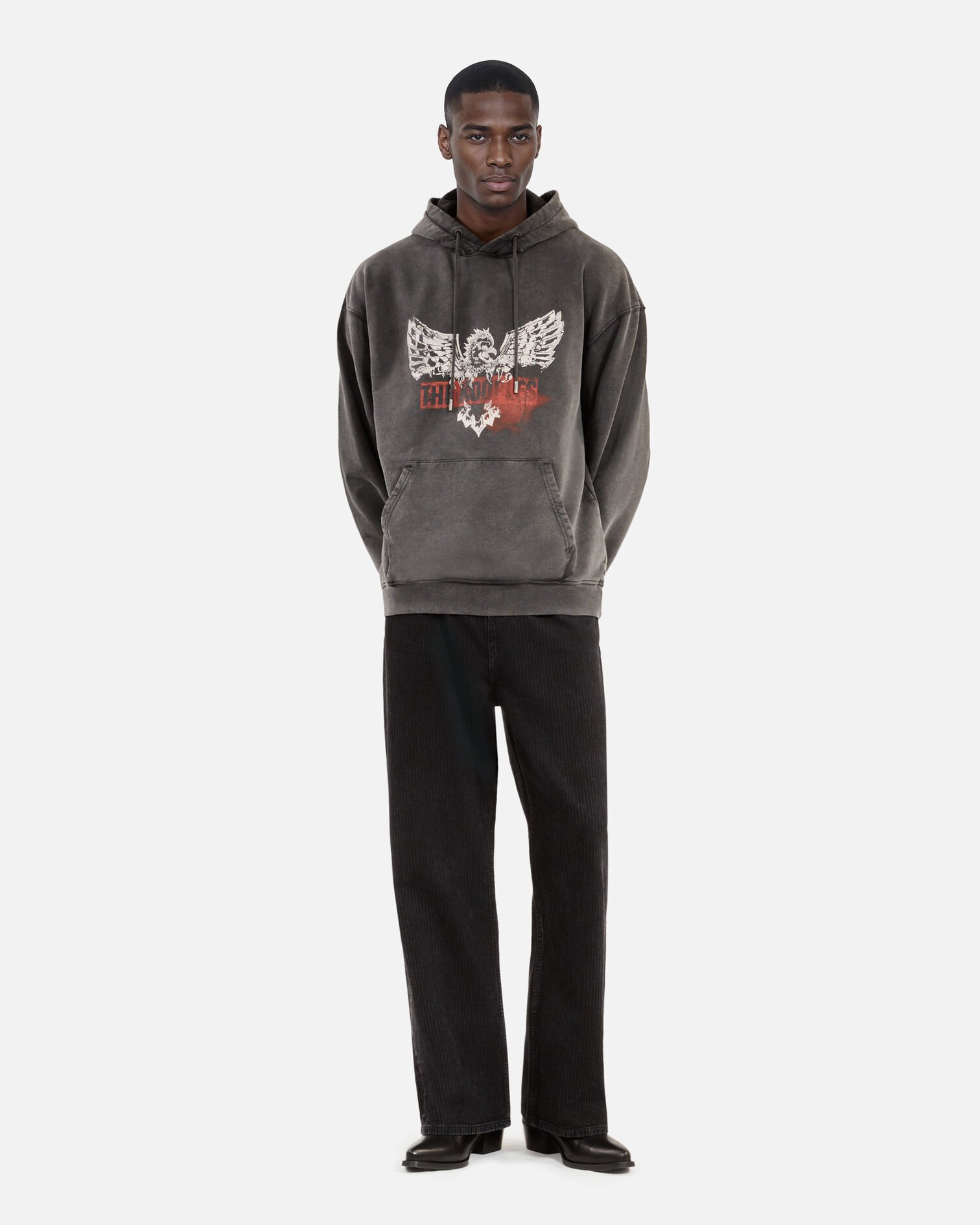 Black screen-printed hooded sweatshirt , BLACK, hi-res image number null