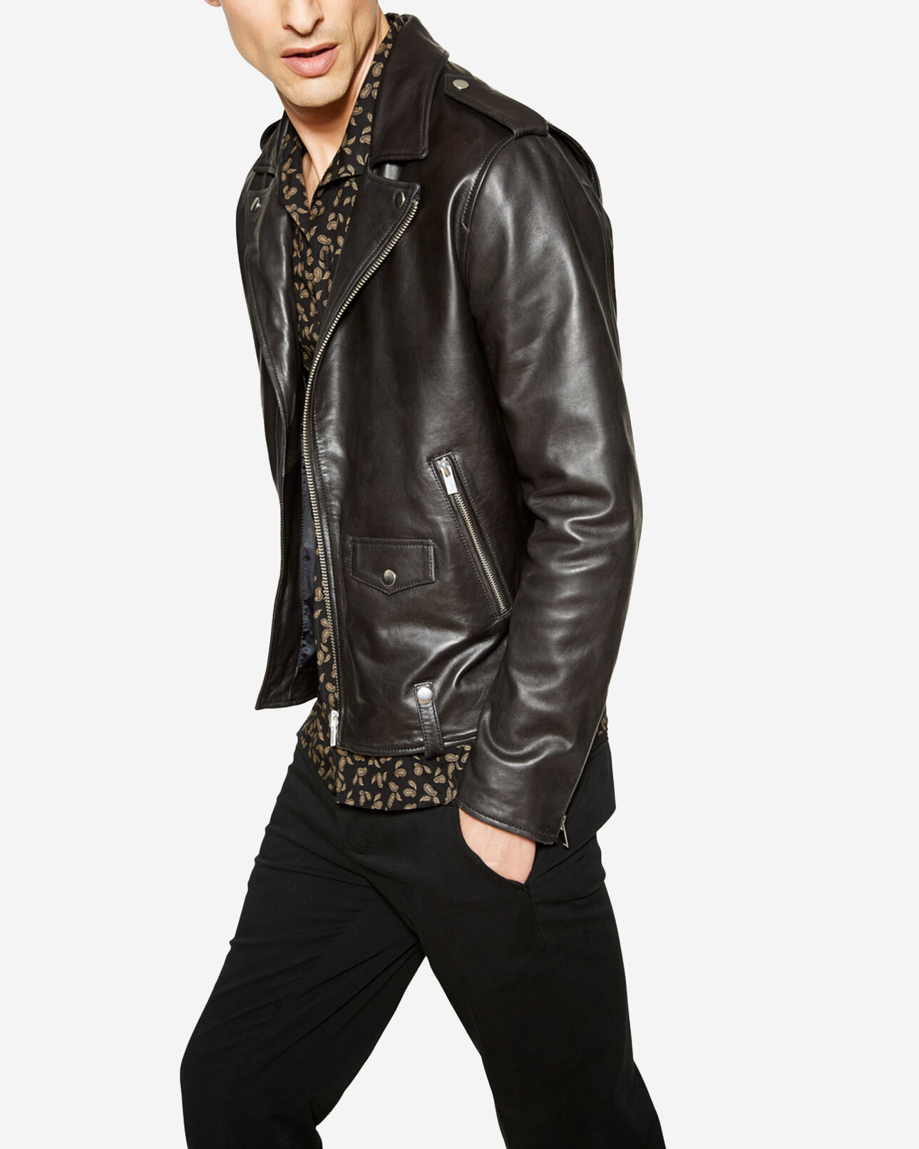 The Kooples MEN BLACK zipped black leather biker jacket