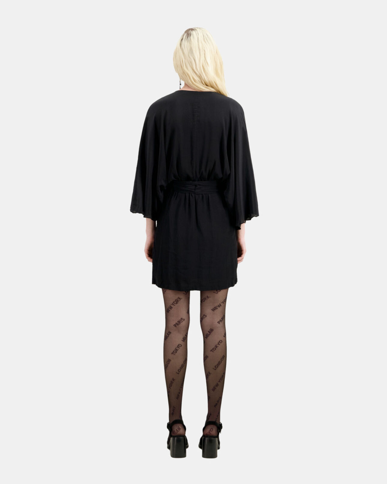 The Kooples WOMEN BLACK short belted kimono dress in silk viscose