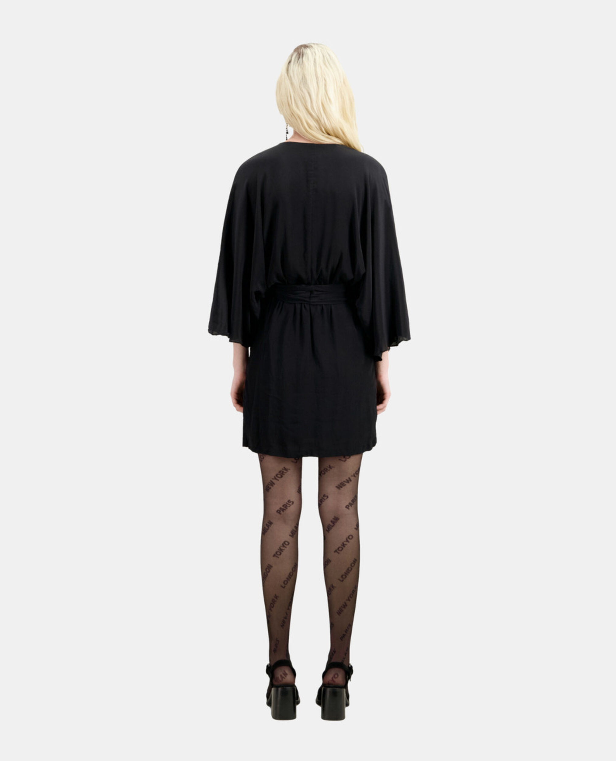 Short belted kimono dress in silk viscose, BLACK, hi-res image number null