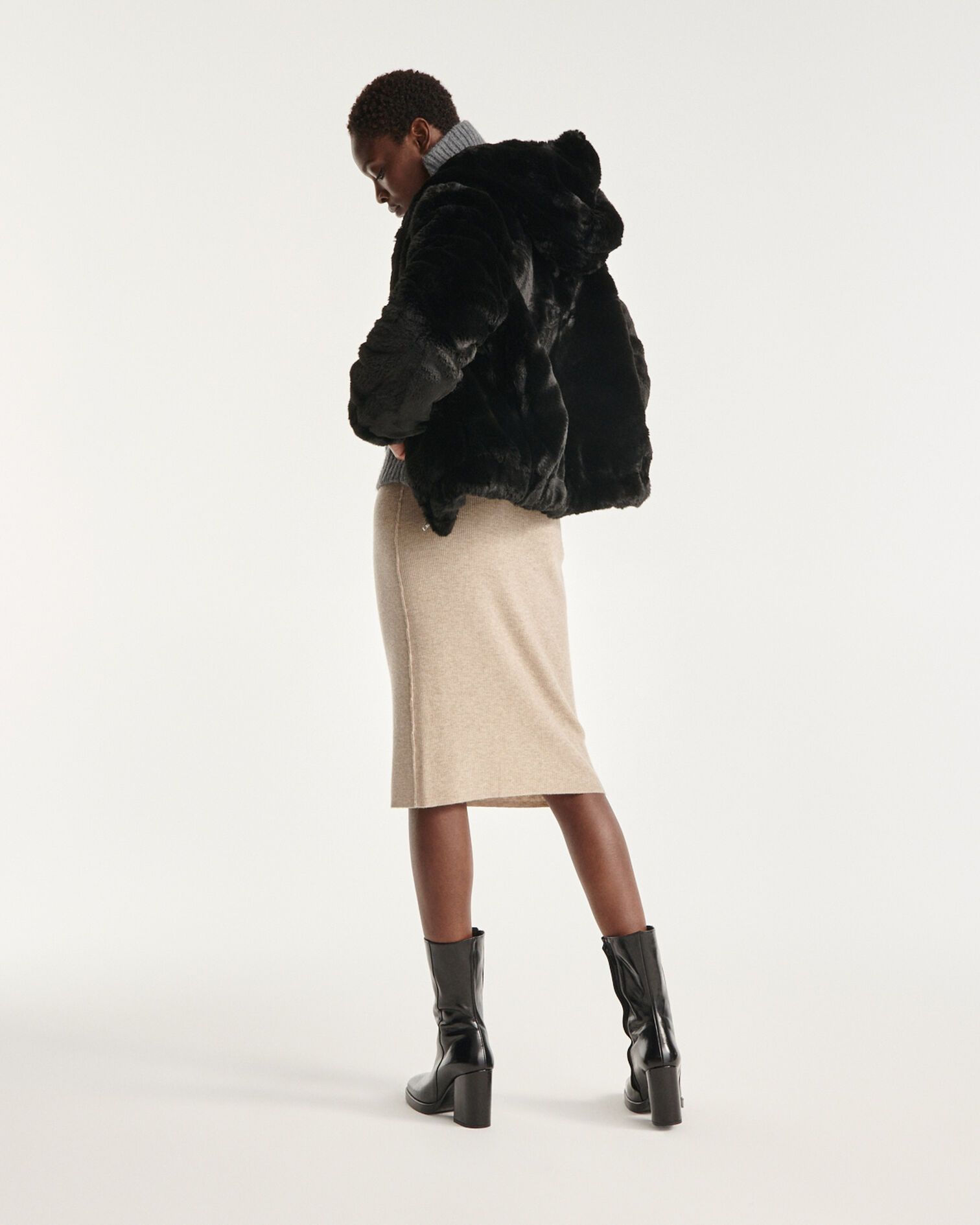 Black faux fur coat with reversible hood, BLACK, hi-res image number null