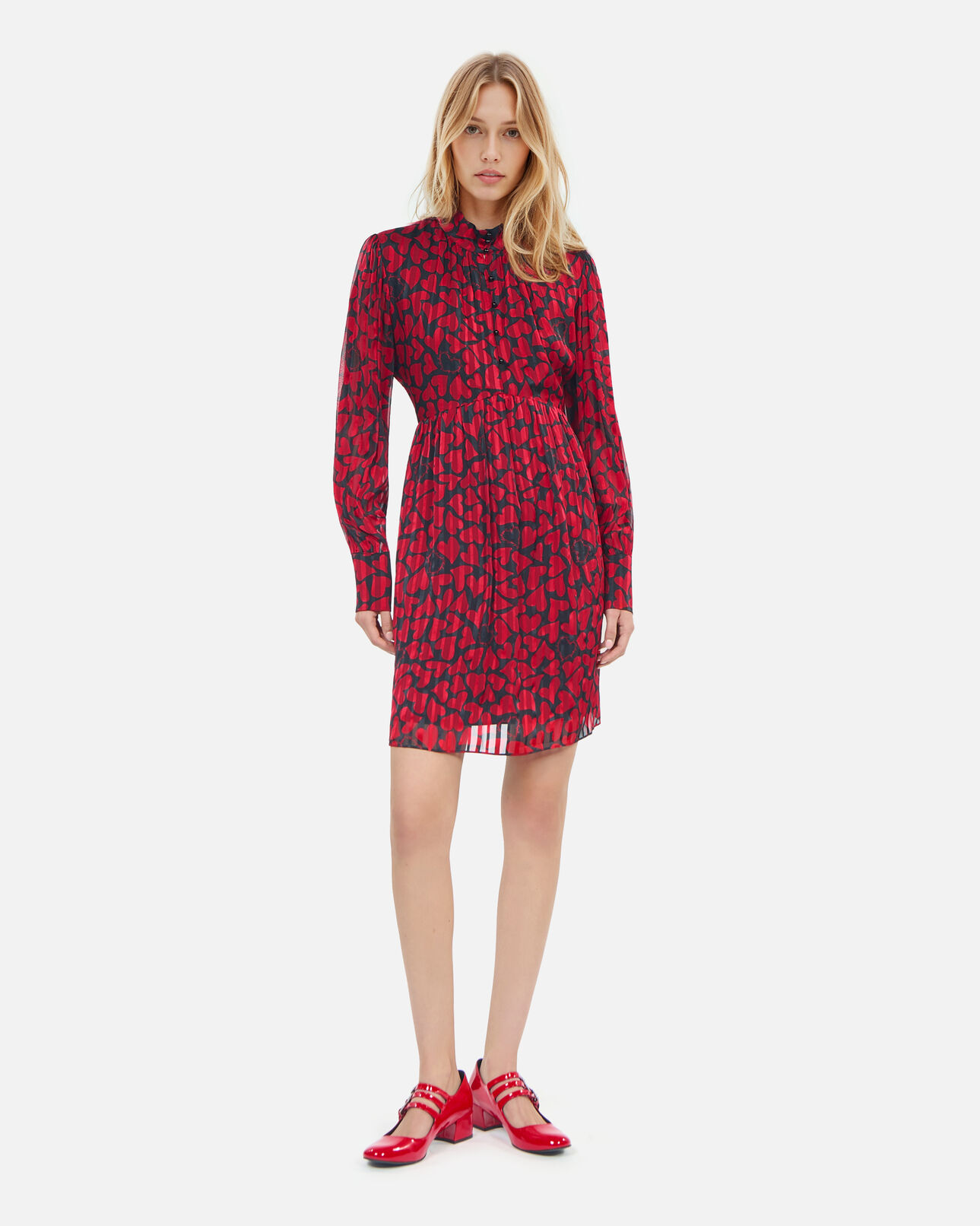 The Kooples WOMEN BLACK - RED short pleated heart print dress