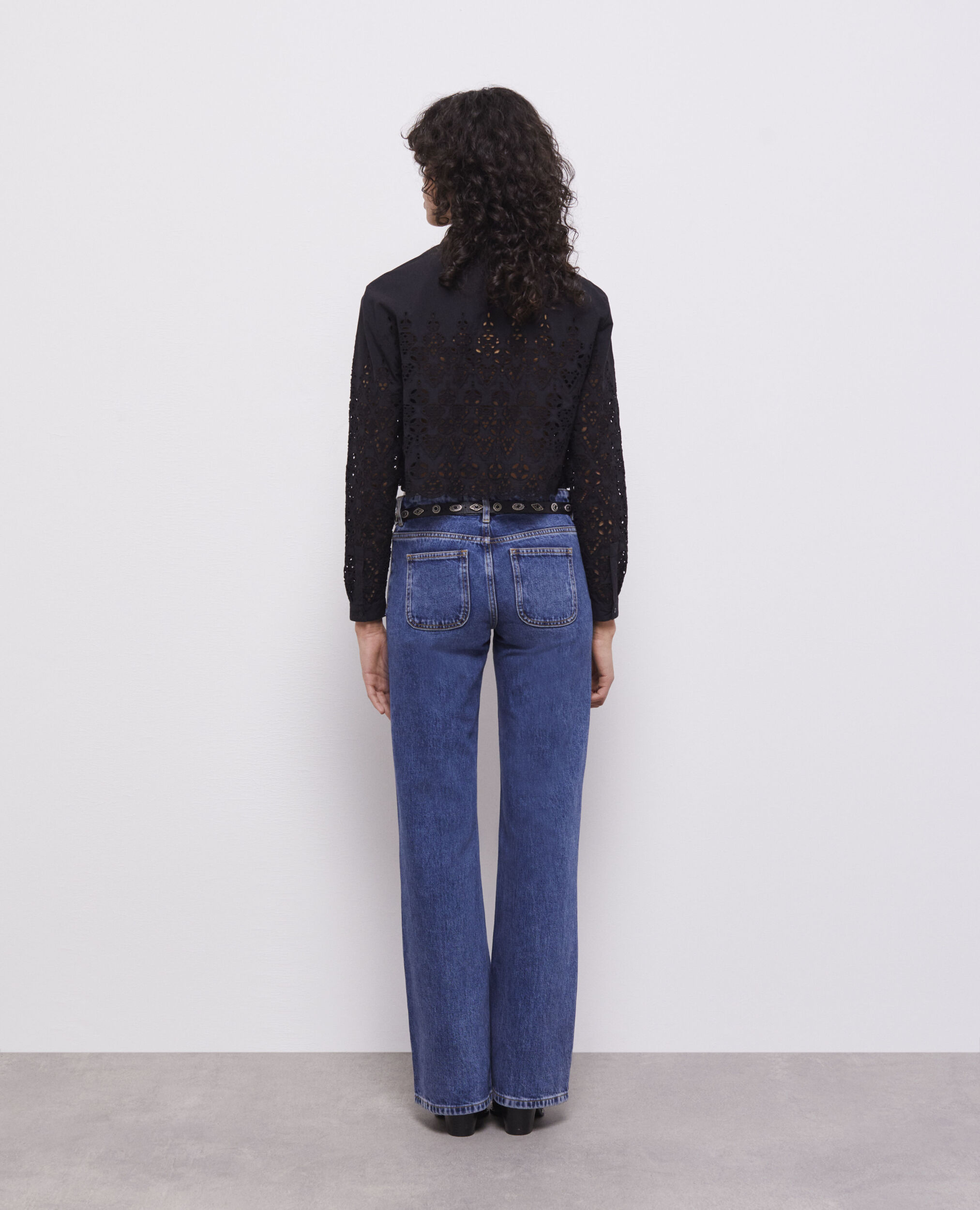 Short black shirt with broderie anglaise , BLACK, hi-res image number null