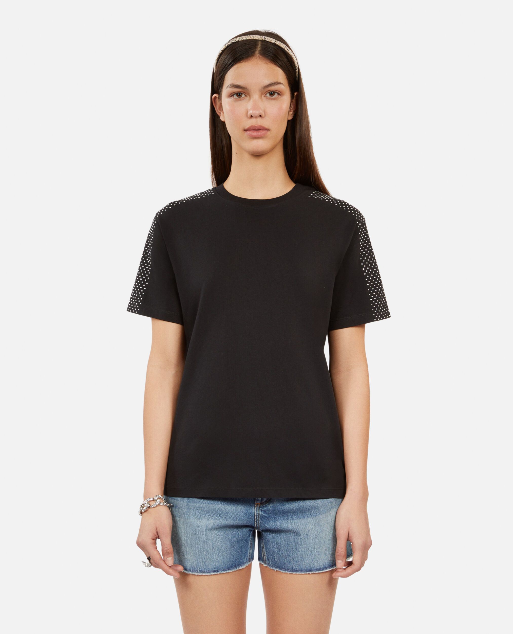 Schwarzes T-Shirt mit Strassbesatz für Damen, BLACK, hi-res image number null