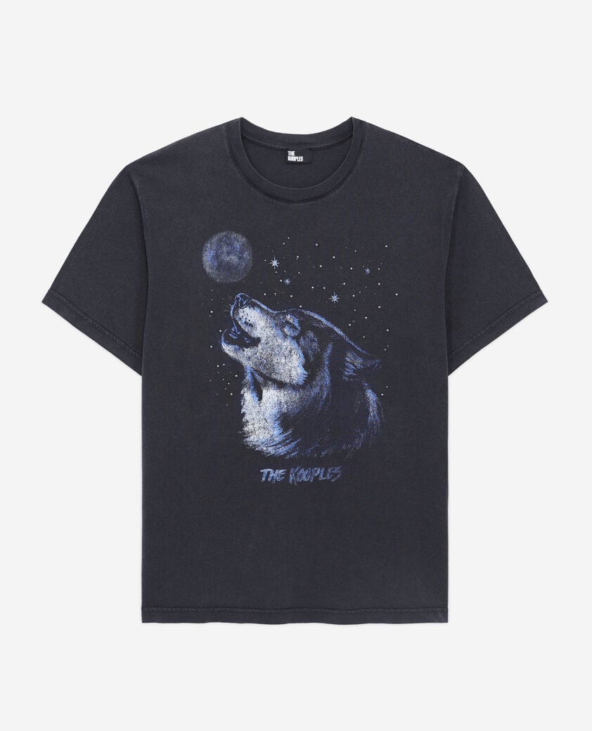 The Kooples F BLACK WASHED women's black t-shirt with wolf serigraphy