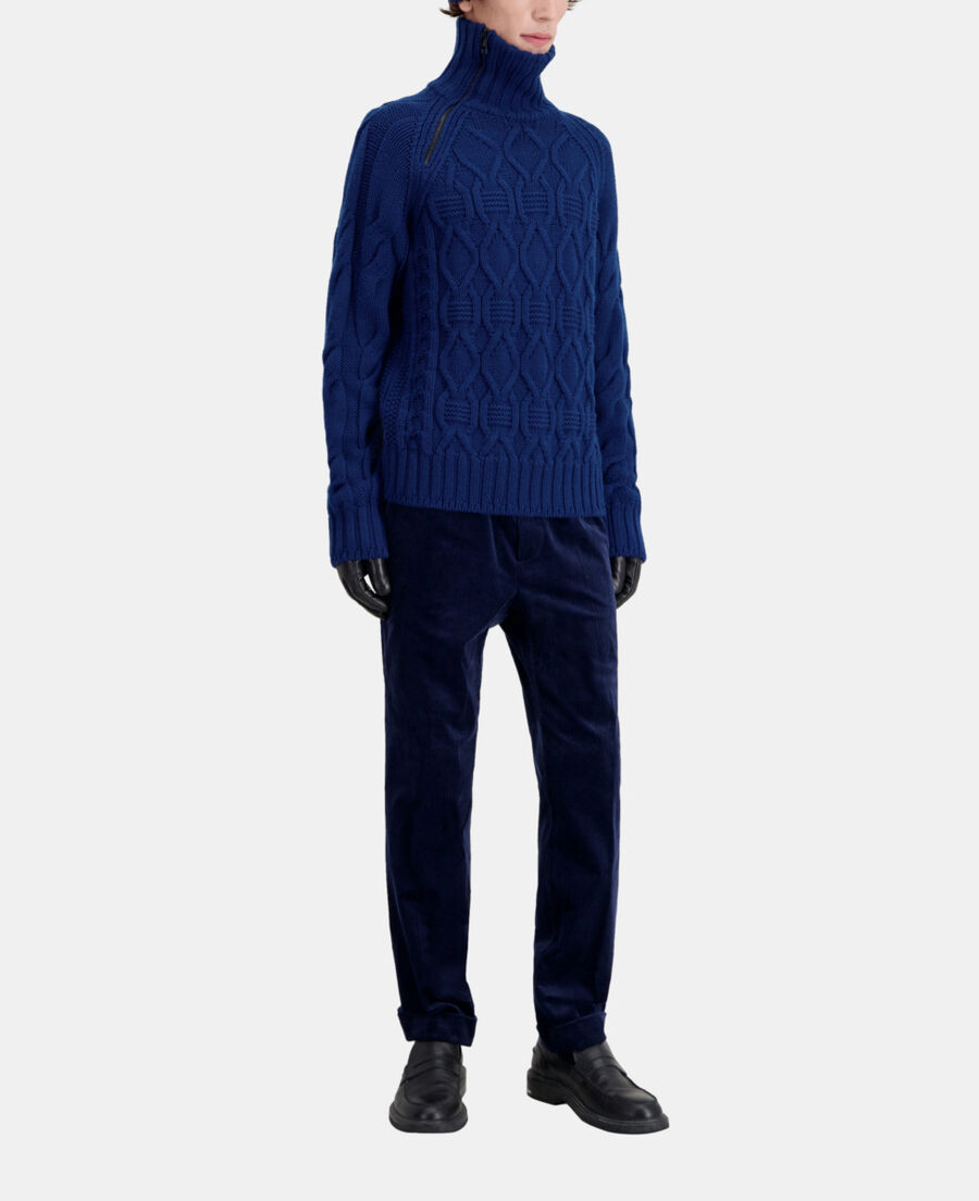 The Kooples MEN ROYAL BLUE - DARK NAVY blue cable wool sweater with zipper