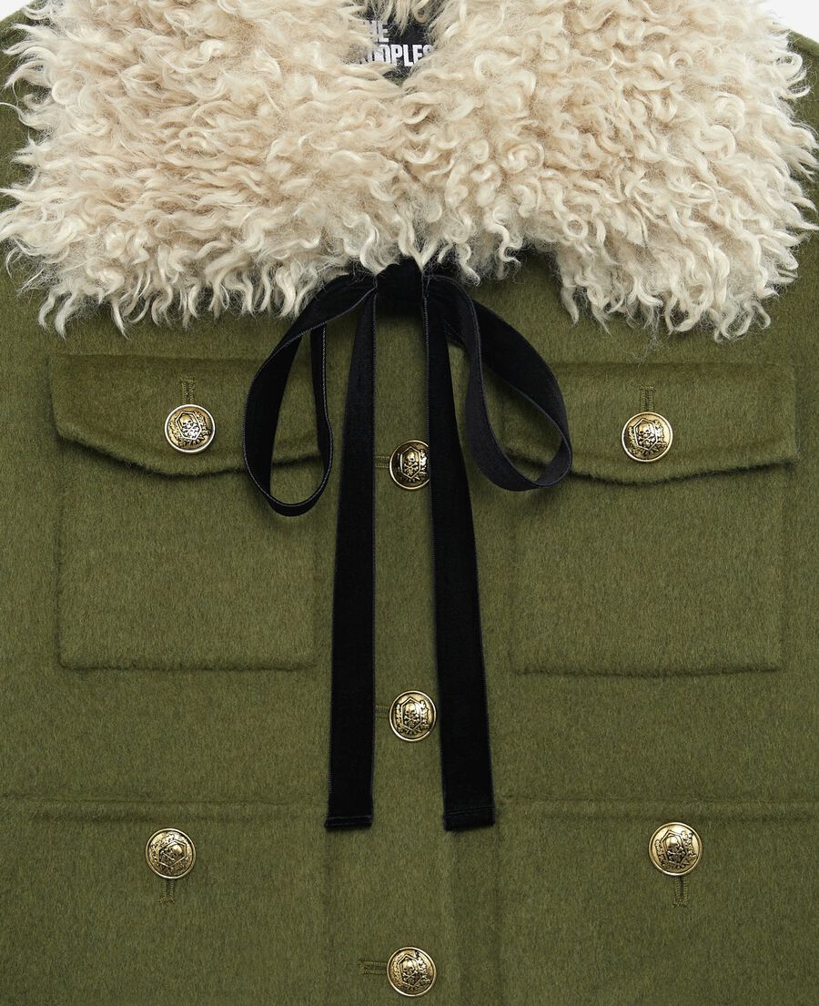 The Kooples F KAKI short wool jacket with khaki sherpa collar