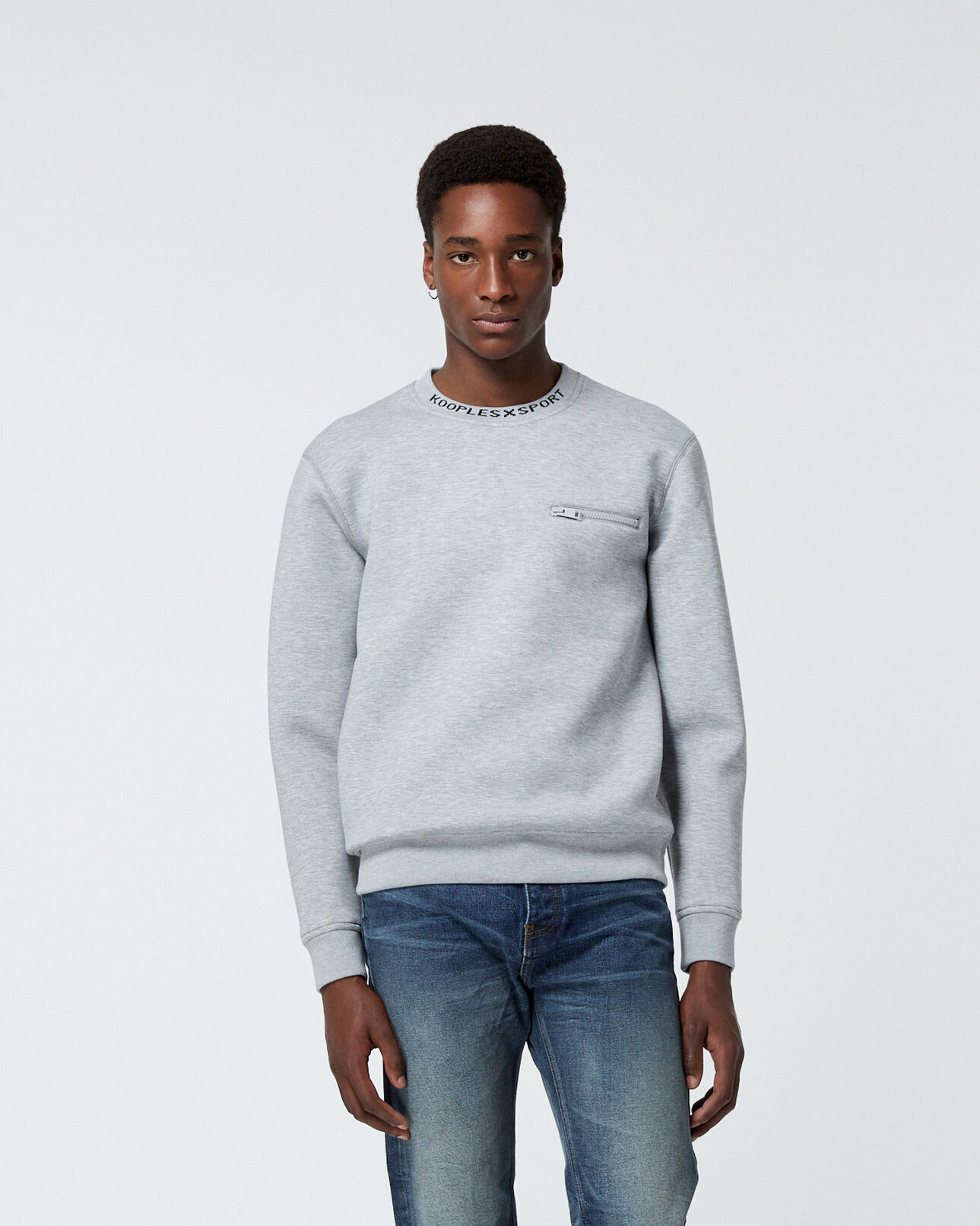 The Kooples MEN LIGHT GREY MELANGE neoprene grey crew-neck sweatshirt/neck logo