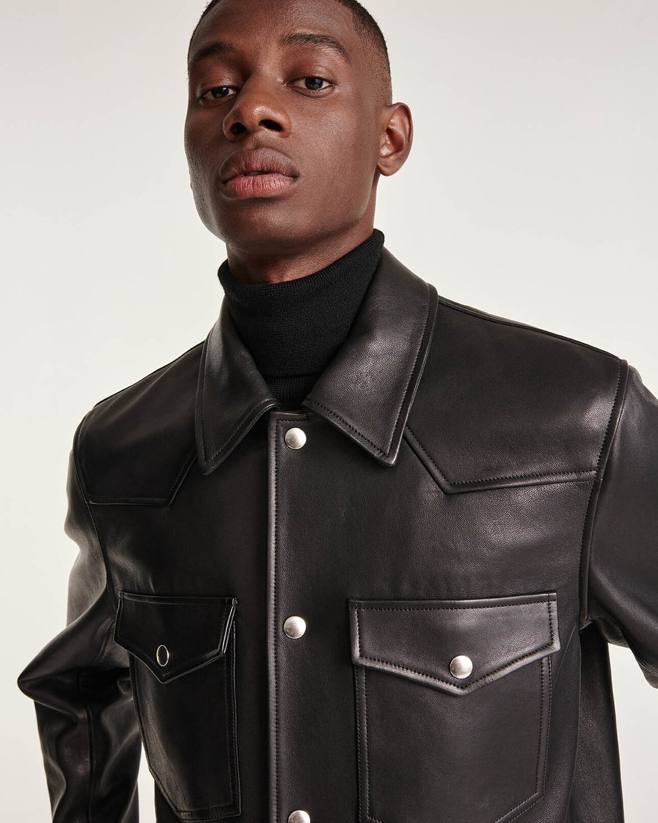 The Kooples MEN BLACK black smooth leather jacket patch pockets