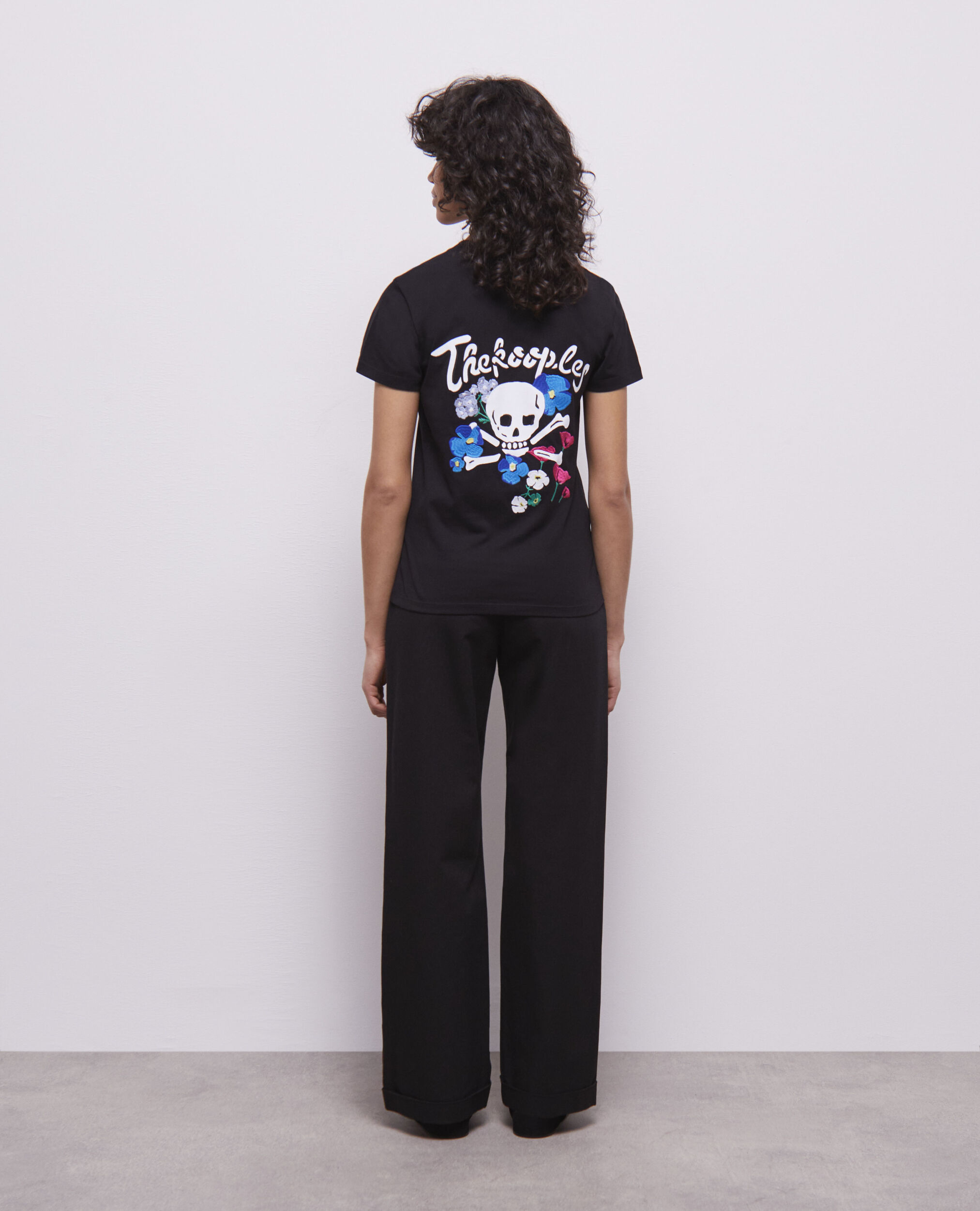 Schwarzes T-Shirt Damen mit Stickereien, BLACK, hi-res image number null