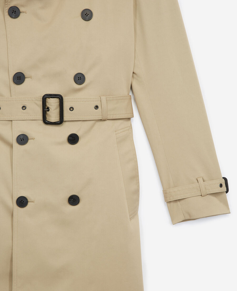 long beige trench coat leather details