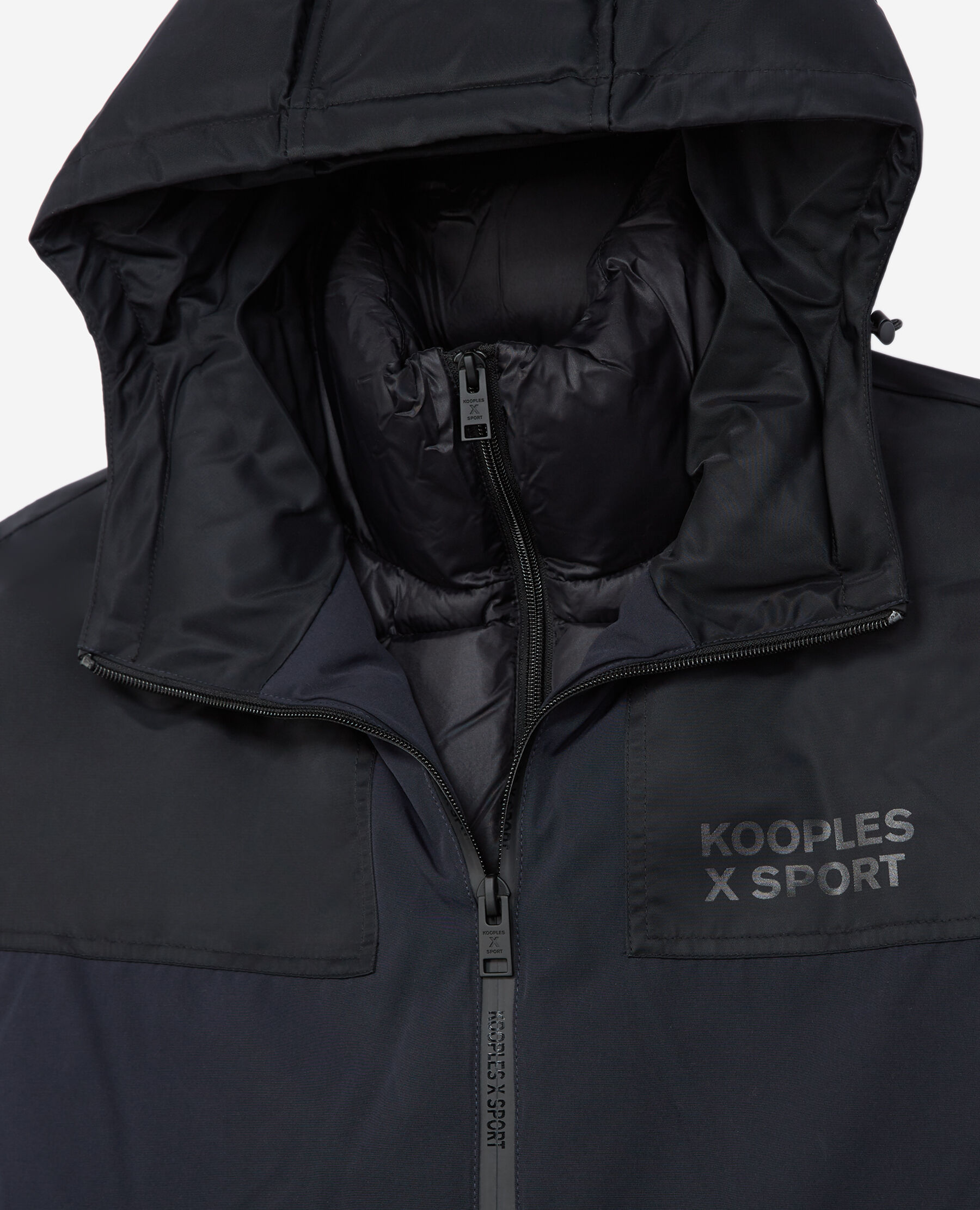 Hooded black and navy blue parka
