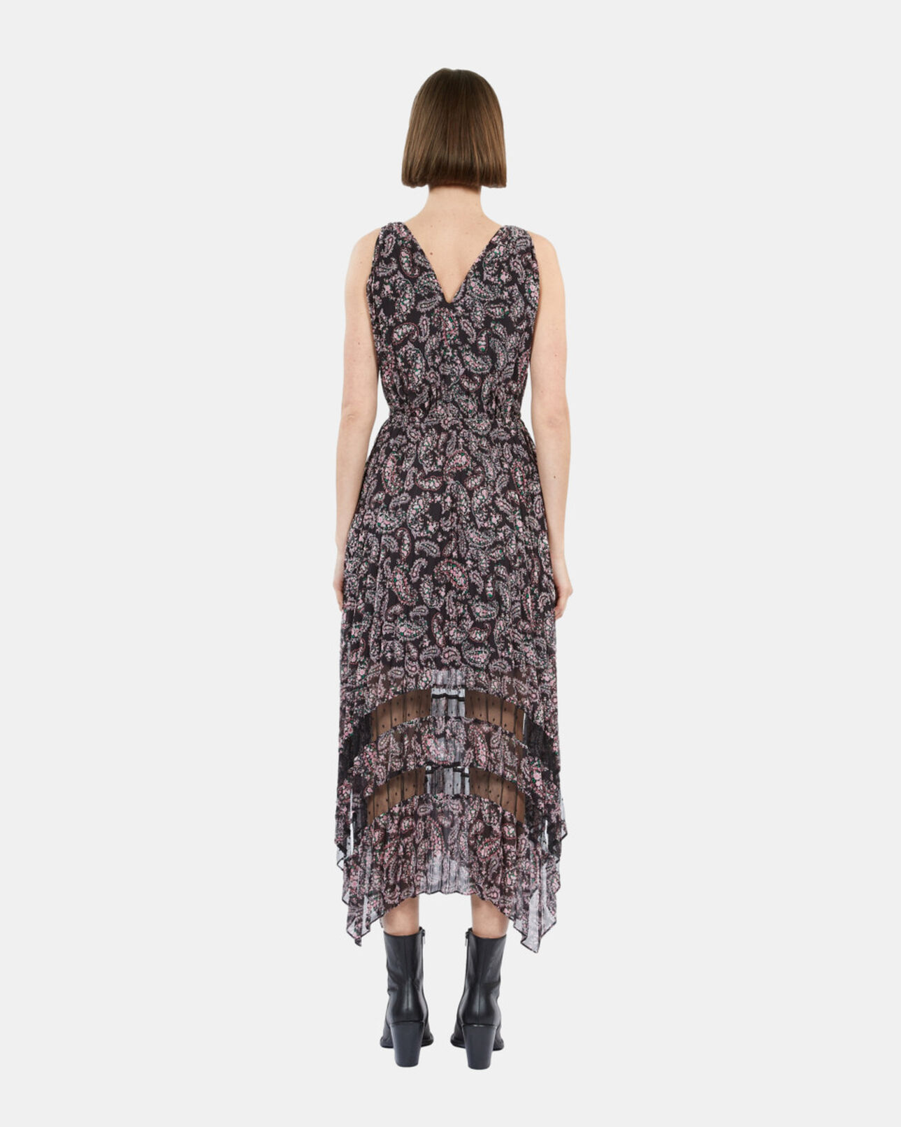 The Kooples FEMME BLACK / PINK robe longue plissée imprimée