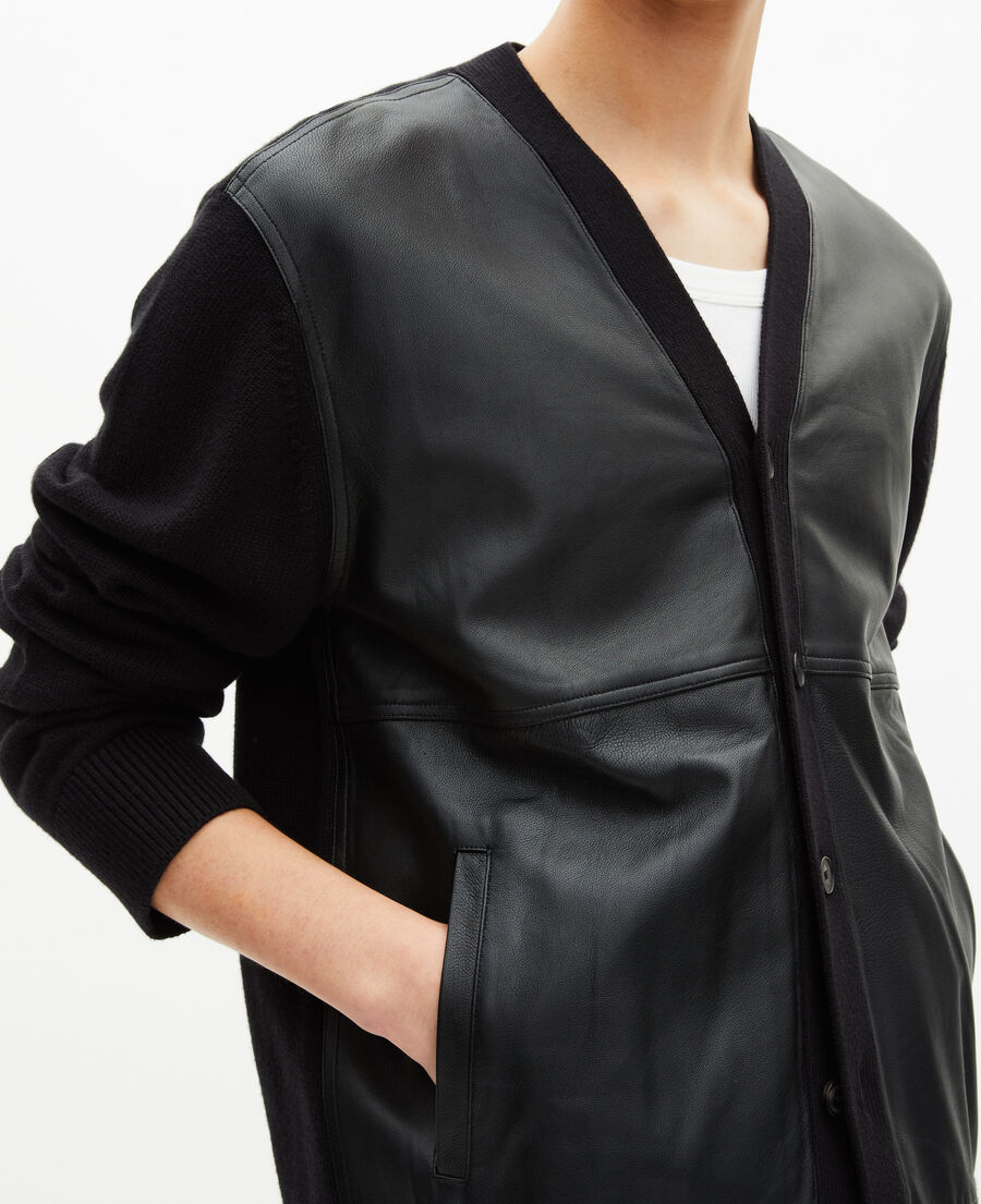 The Kooples HERREN BLACK geknöpfte strickjacke aus zwei materialien mit schwarzem leder