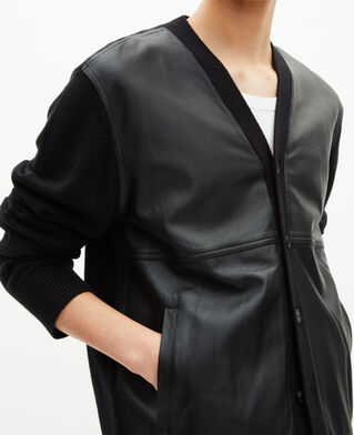 The Kooples HERREN BLACK geknöpfte strickjacke aus zwei materialien mit schwarzem leder